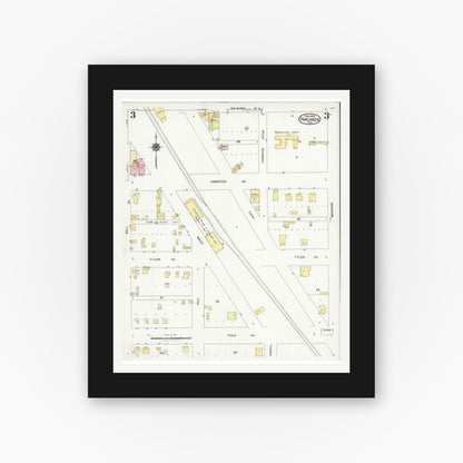 Old map wall art mockup — black gallery frame with white mat — Sanborn Fire Insurance Map from Harlingen, Cameron County, Texas (1925), Sheet #0003