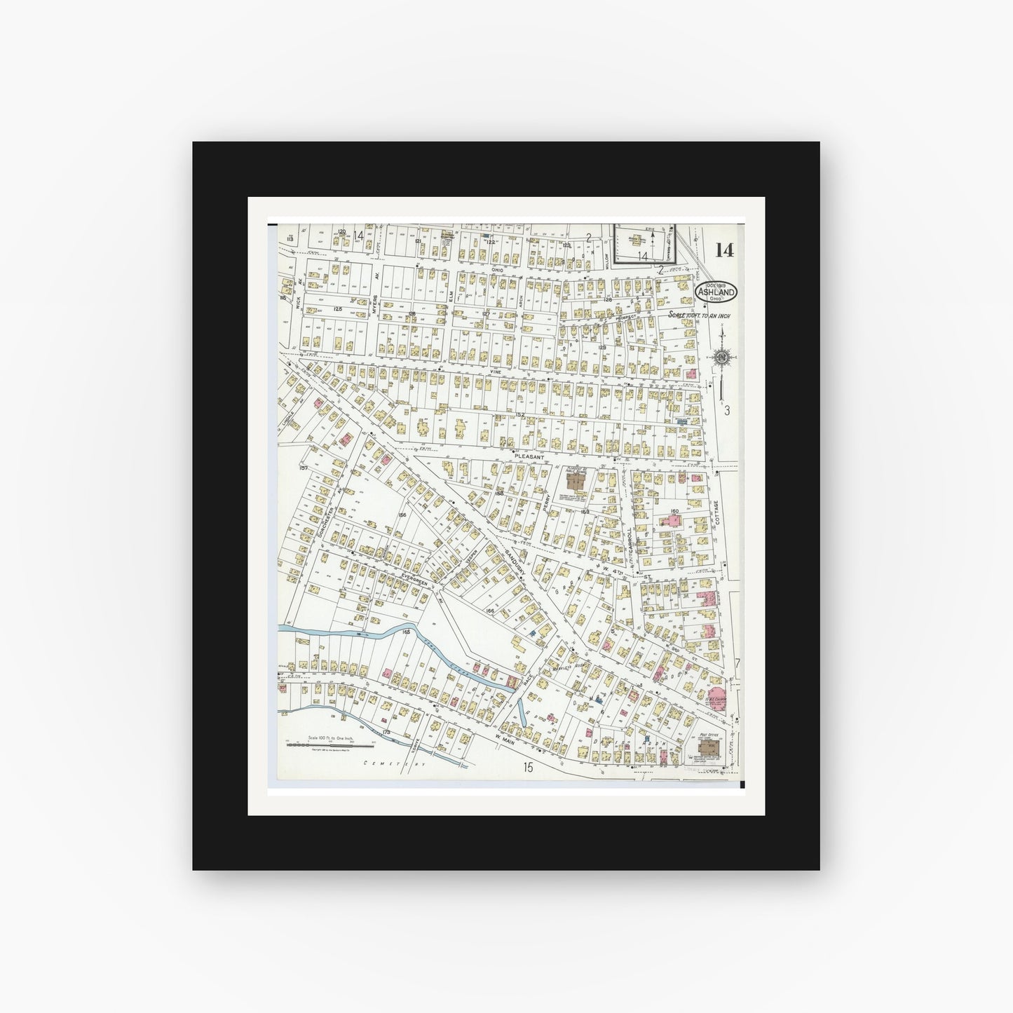 Old map wall art mockup — black gallery frame with white mat — Sanborn Fire Insurance Map from Ashland, Ashland County, Ohio (1919), Sheet #0014