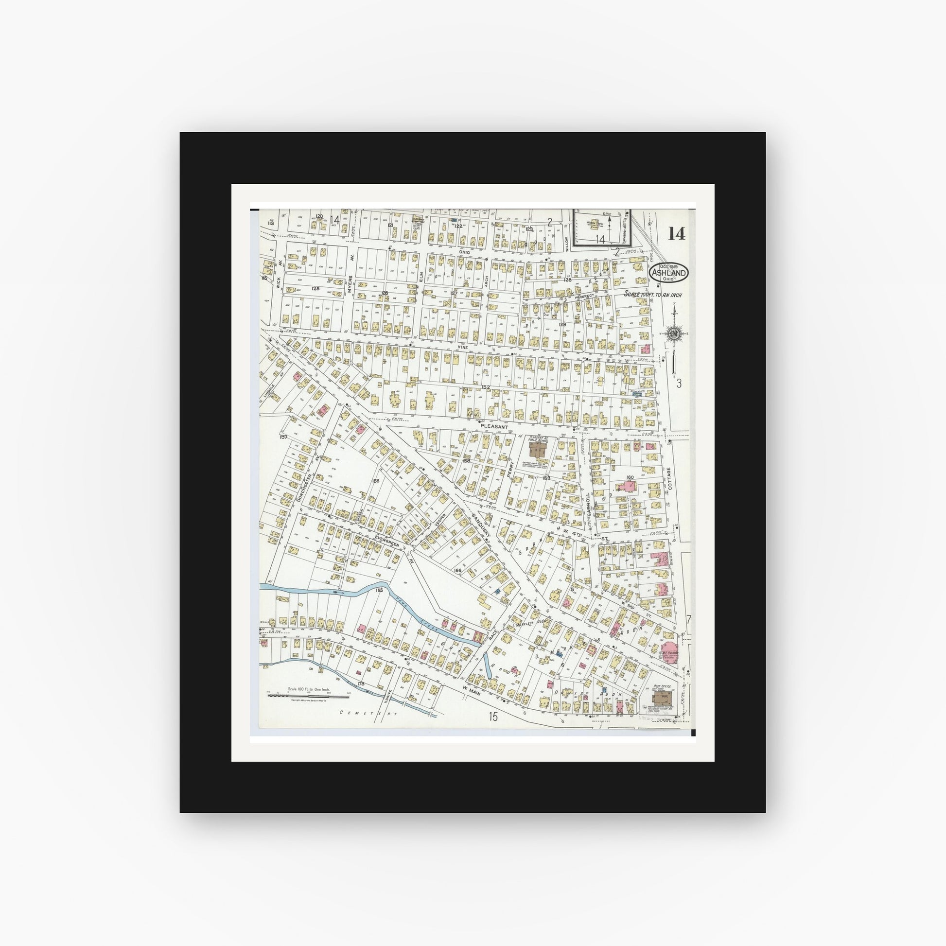 Old map wall art mockup — black gallery frame with white mat — Sanborn Fire Insurance Map from Ashland, Ashland County, Ohio (1919), Sheet #0014