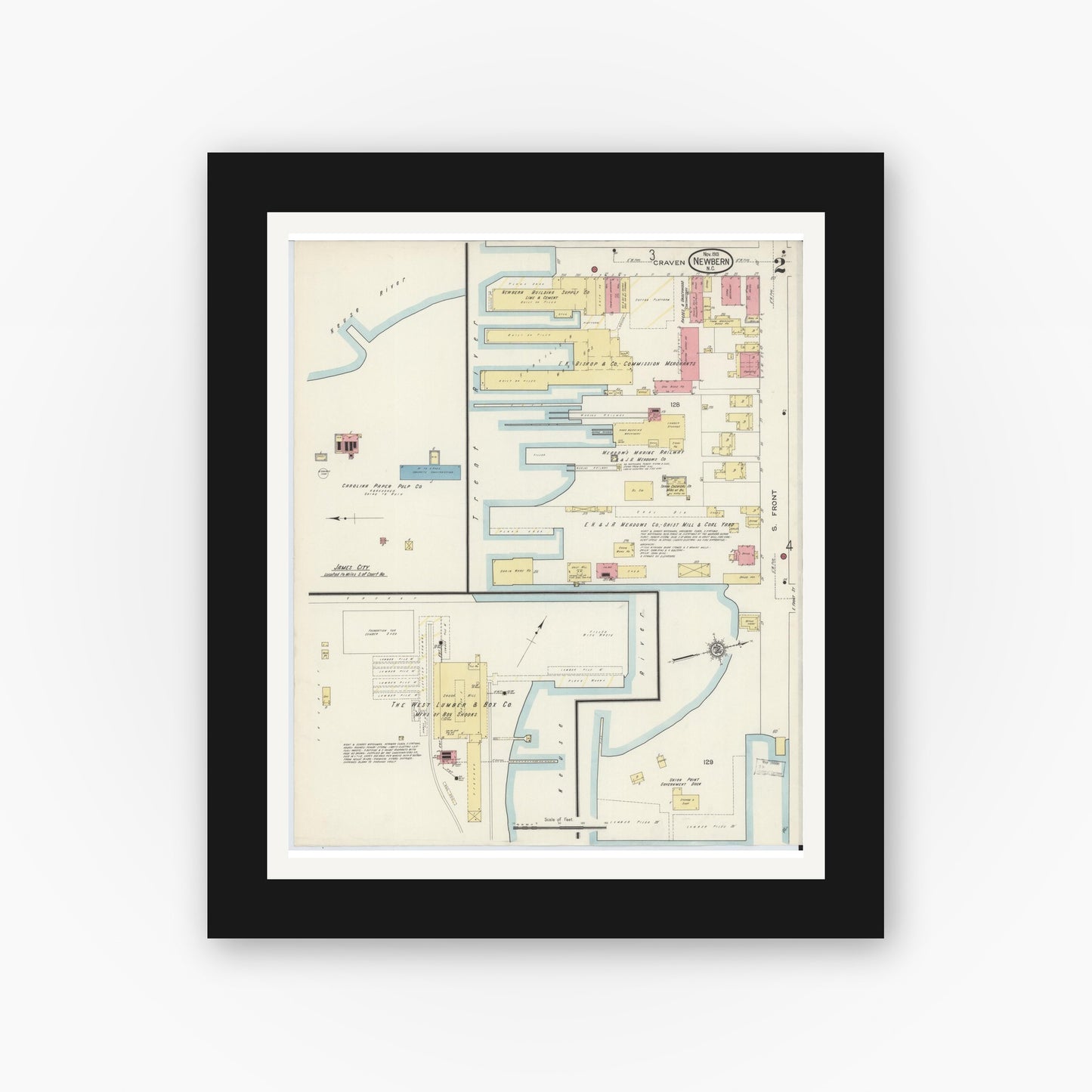 Old map wall art mockup — black gallery frame with white mat — Sanborn Fire Insurance Map from New Bern, Craven County, North Carolina (1913), Sheet #0002