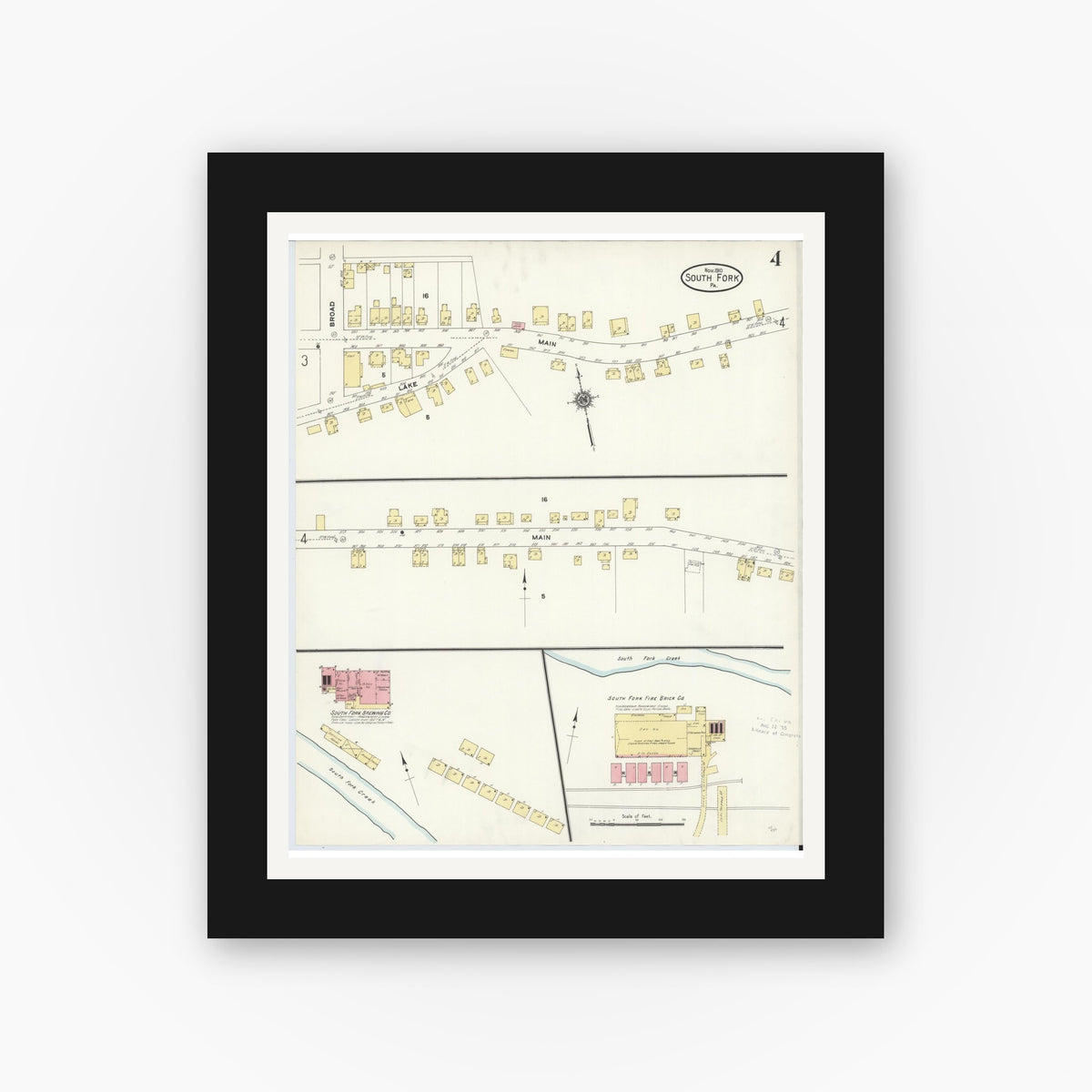 Old map wall art mockup — black gallery frame with white mat — Sanborn Fire Insurance Map from South Fork, Cambria County, Pennsylvania (1910), Sheet #0004