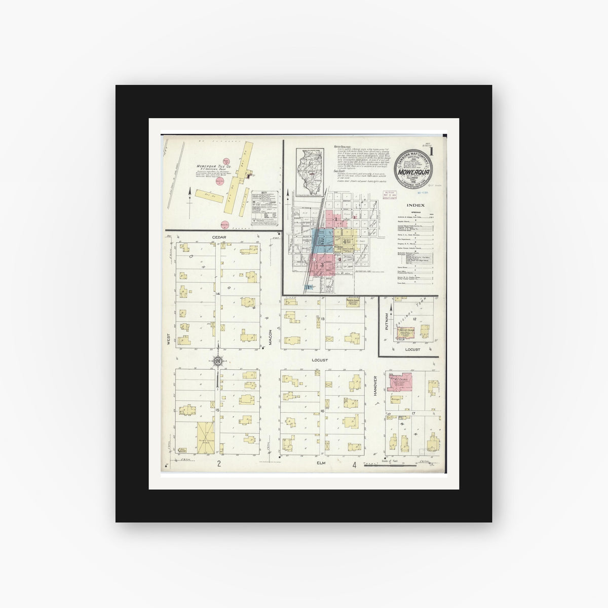 Old map wall art mockup — black gallery frame with white mat — Sanborn Fire Insurance Map from Moweaqua, Shelby County, Illinois (1914) - Complete Map Set