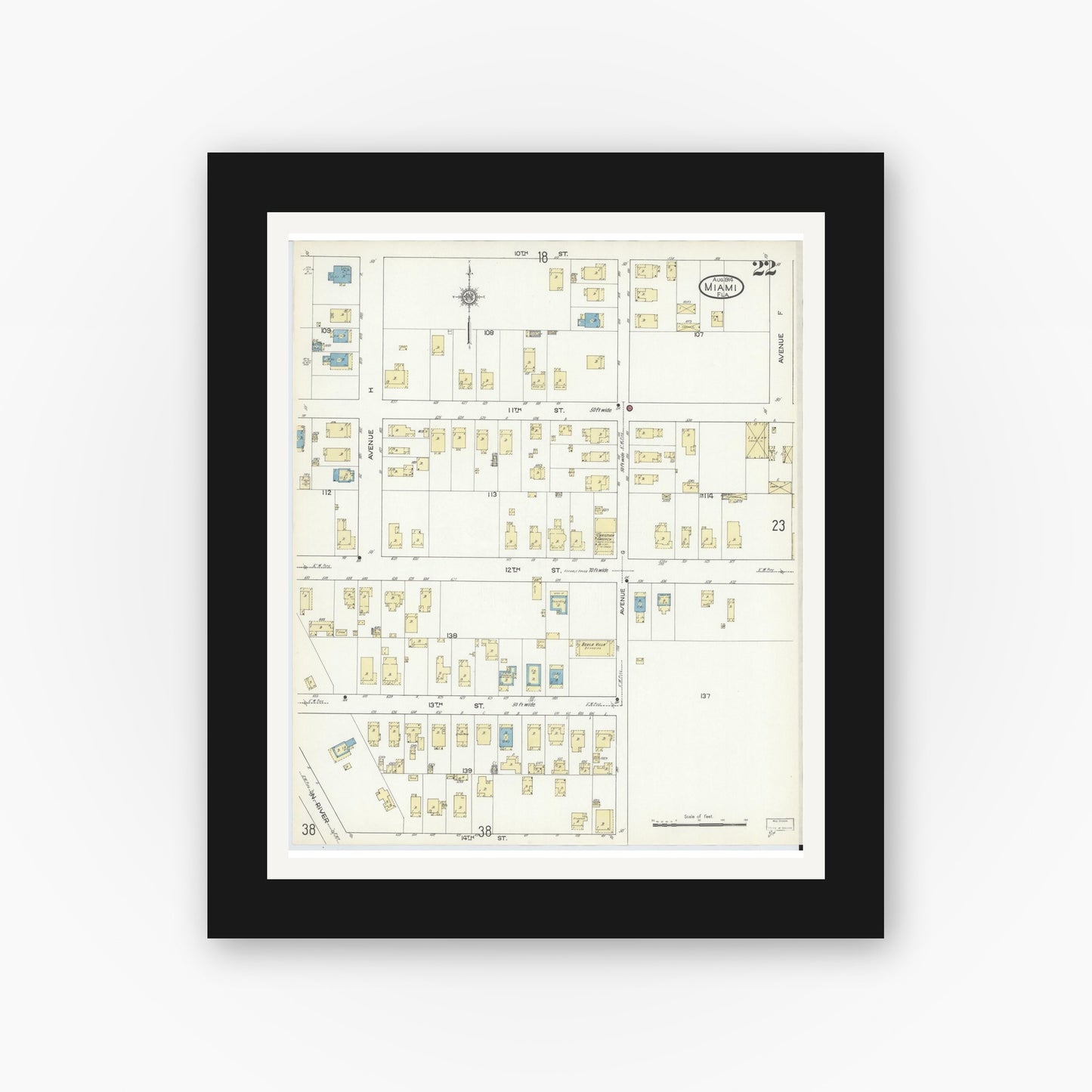 Old map wall art mockup — black gallery frame with white mat — Sanborn Fire Insurance Map from Miami, Dade County, Florida (1914), Sheet #0022