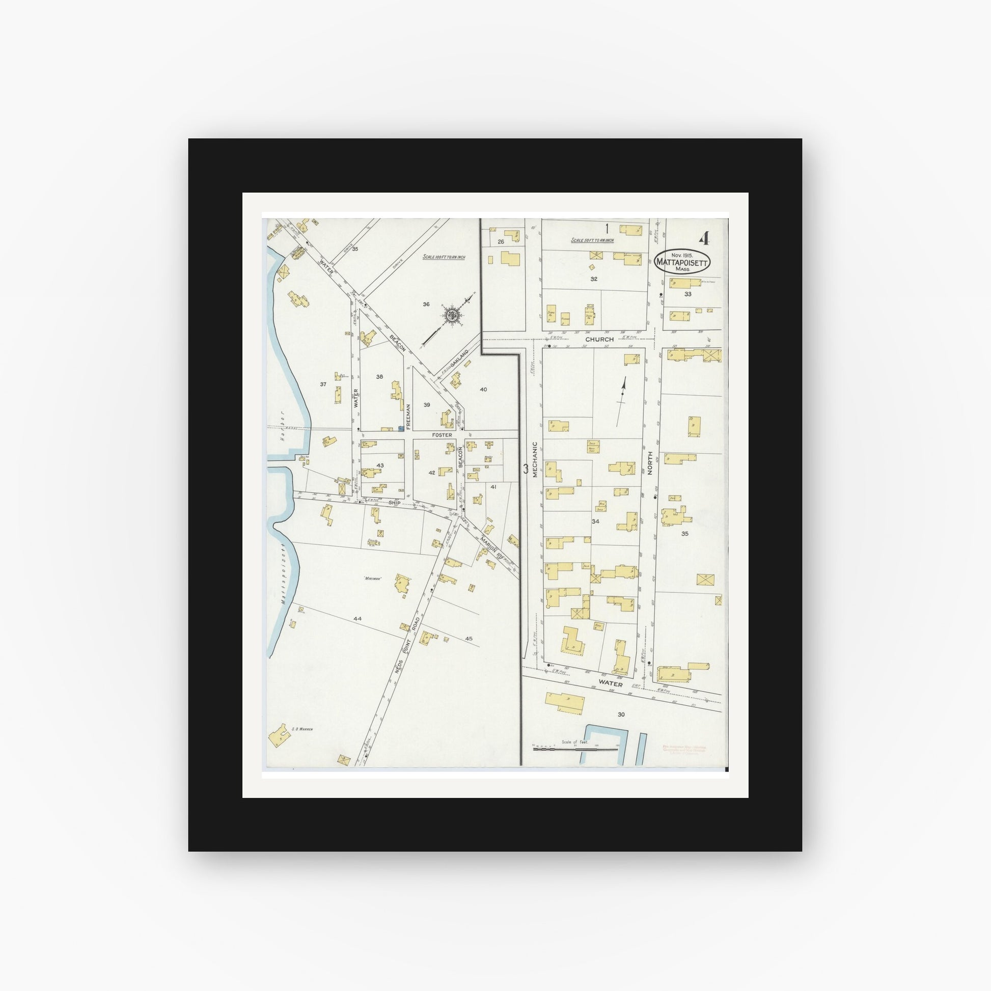 Old map wall art mockup — black gallery frame with white mat — Sanborn Fire Insurance Map from Mattapoisett, Plymouth County, Massachusetts (1915), Sheet #0004