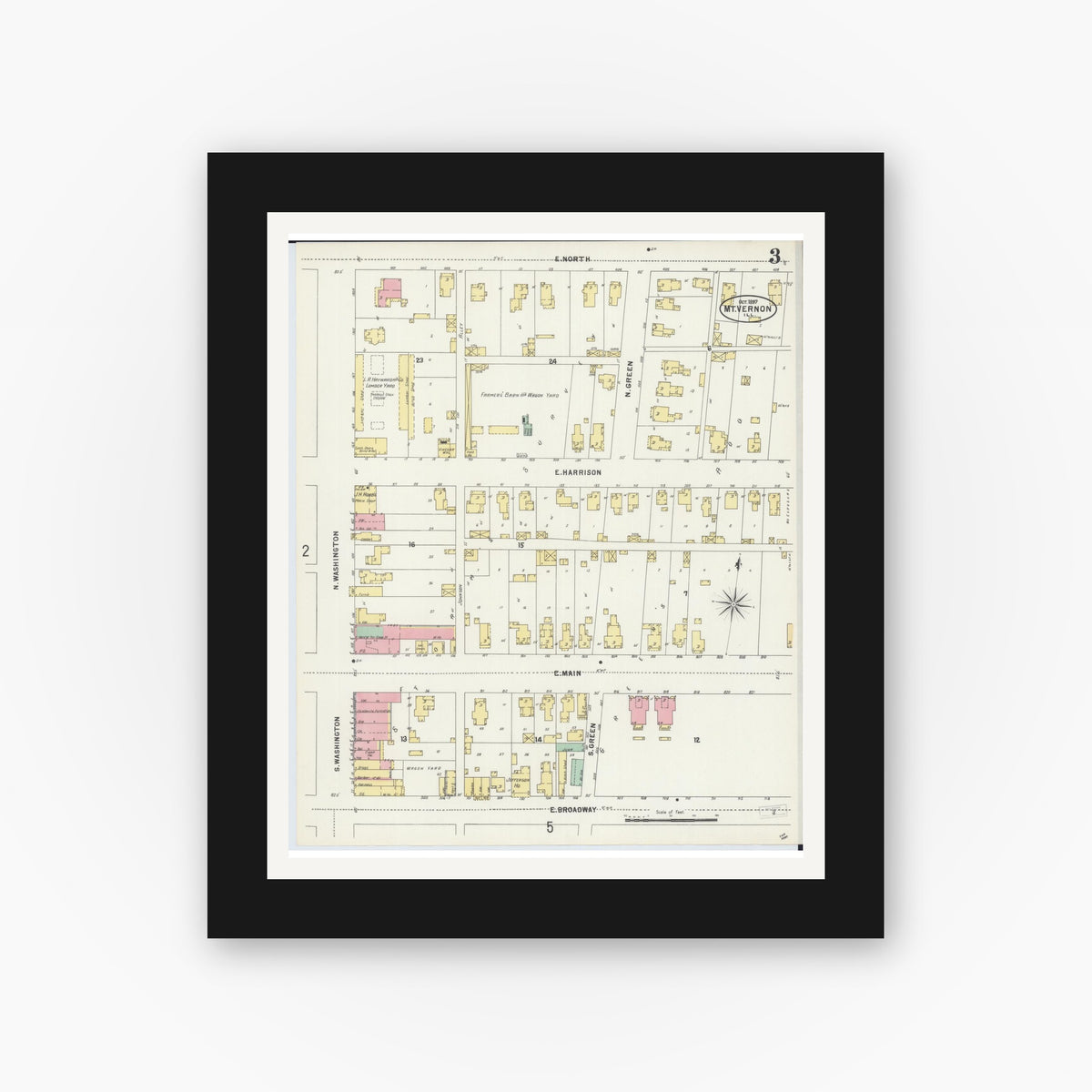 Old map wall art mockup — black gallery frame with white mat — Sanborn Fire Insurance Map from Mount Vernon, Jefferson County, Illinois (1897), Sheet #0003