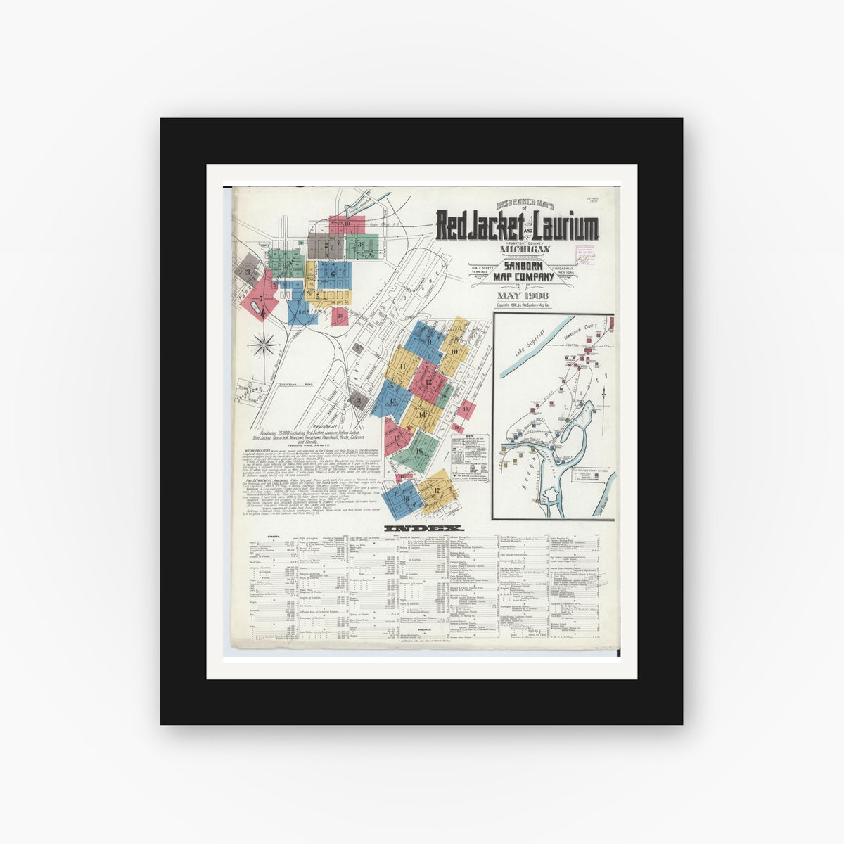 Old map wall art mockup — black gallery frame with white mat — Sanborn Fire Insurance Map from Red Jacket, Houghton County, Michigan (1908), Sheet #0001
