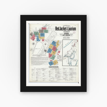 Old map wall art mockup — black gallery frame with white mat — Sanborn Fire Insurance Map from Red Jacket, Houghton County, Michigan (1908), Sheet #0001