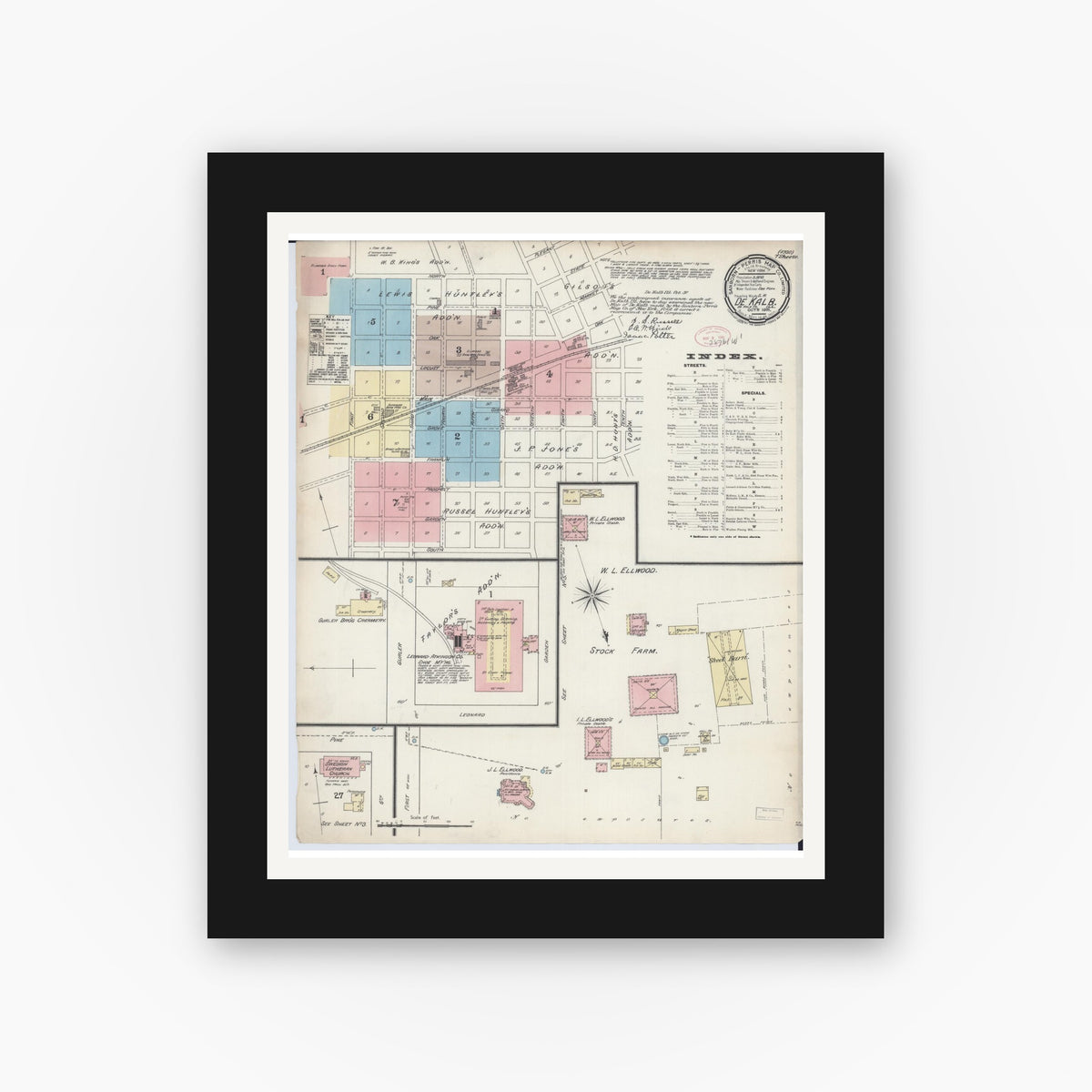 Old map wall art mockup — black gallery frame with white mat — Sanborn Fire Insurance Map from De Kalb, De Kalb County, Illinois (1891) - Complete Map Set