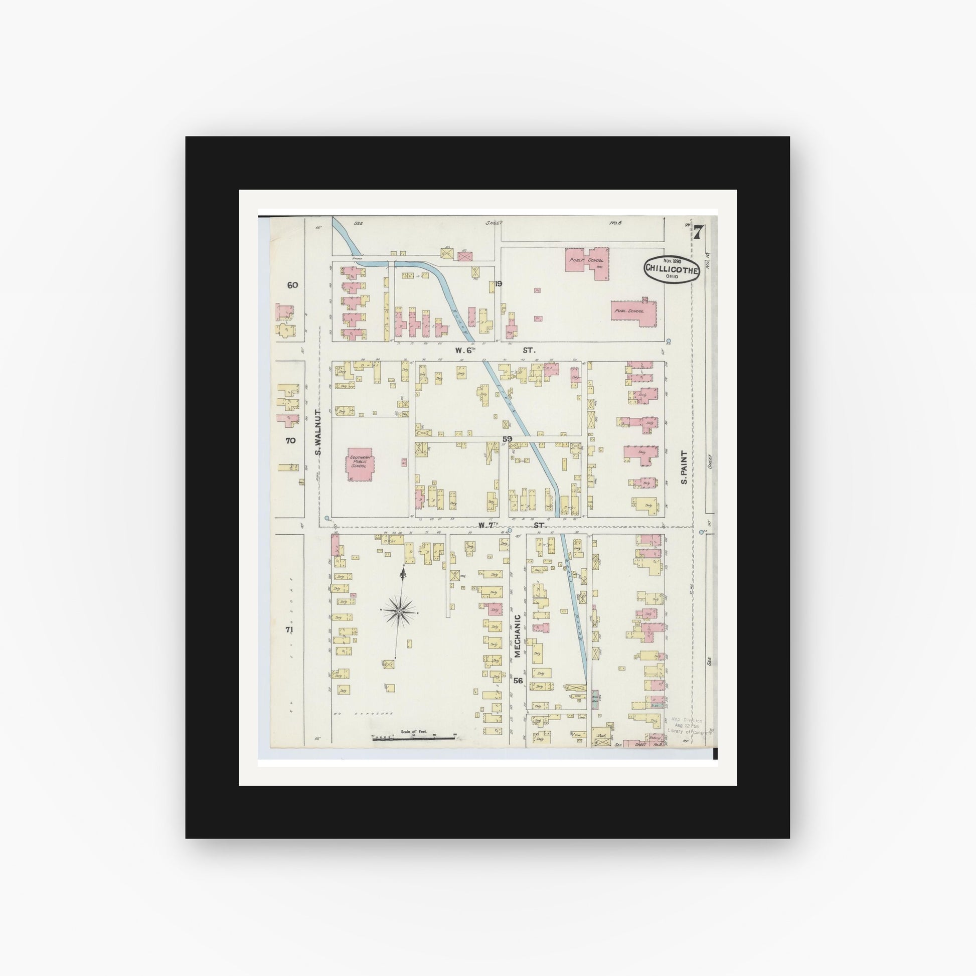 Old map wall art mockup — black gallery frame with white mat — Sanborn Fire Insurance Map from Chillicothe, Ross County, Ohio (1890), Sheet #0007