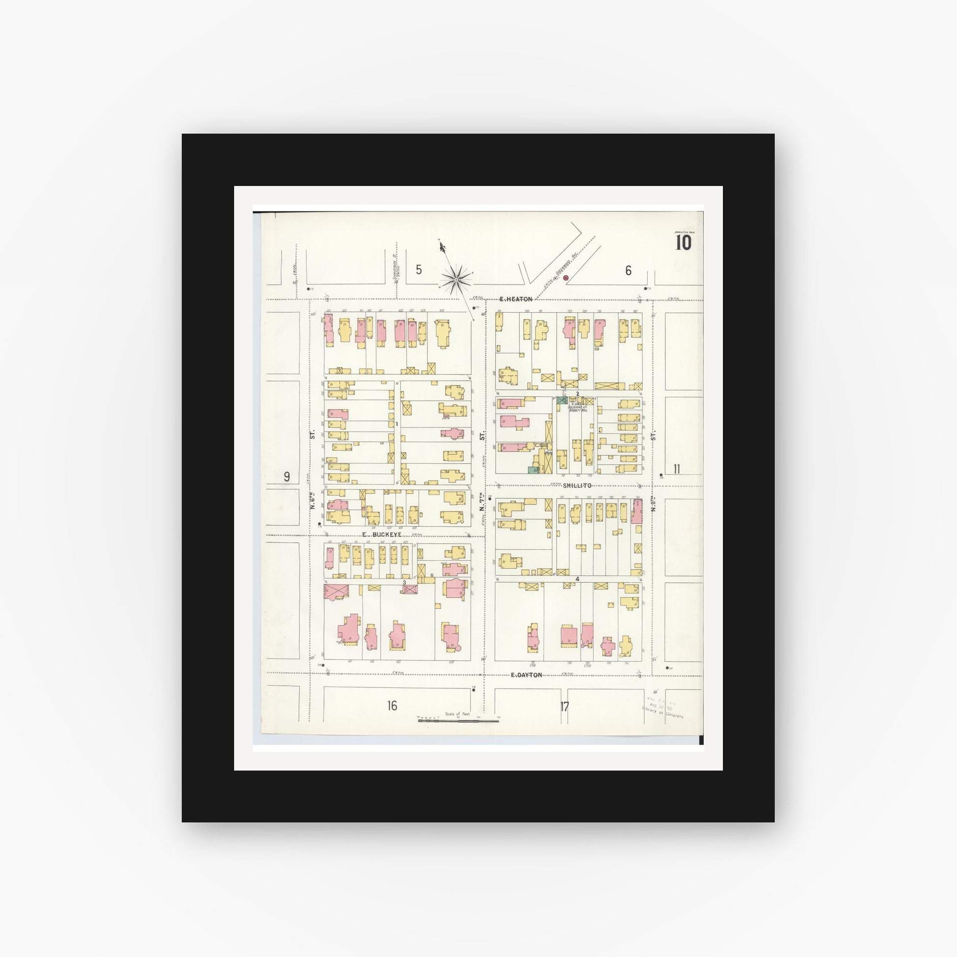 Old map wall art mockup — black gallery frame with white mat — Sanborn Fire Insurance Map from Hamilton, Butler County, Ohio (1899), Sheet #0010