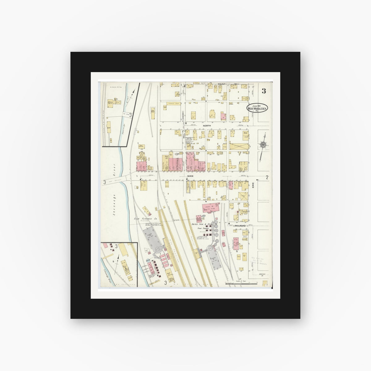 Old map wall art mockup — black gallery frame with white mat — Sanborn Fire Insurance Map from West Middlesex, Mercer County, Pennsylvania (1912), Sheet #0003