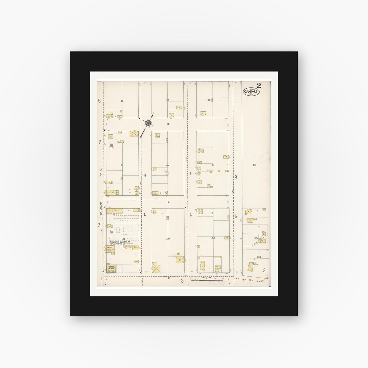 Old map wall art mockup — black gallery frame with white mat — Sanborn Fire Insurance Map from Oakdale, Stanislaus County, California (1912), Sheet #0002