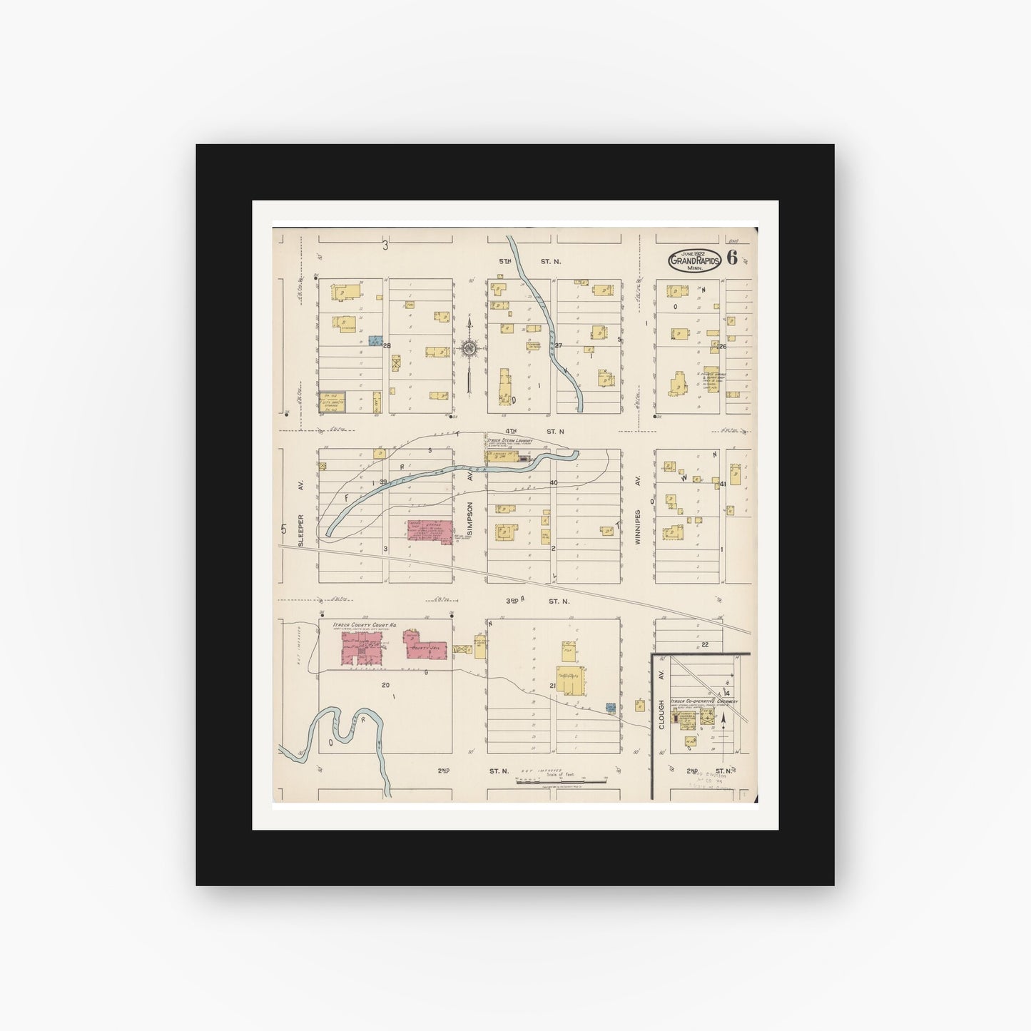 Old map wall art mockup — black gallery frame with white mat — Sanborn Fire Insurance Map from Grand Rapids, Itasca County, Minnesota (1922), Sheet #0006
