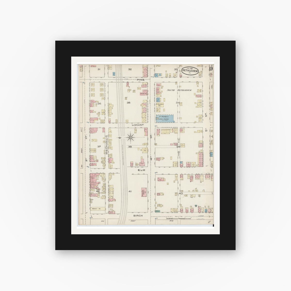 Old map wall art mockup — black gallery frame with white mat — Sanborn Fire Insurance Map from Bethlehem, Northampton And Lehigh Counties, Pennsylvania (1885), Sheet #0009