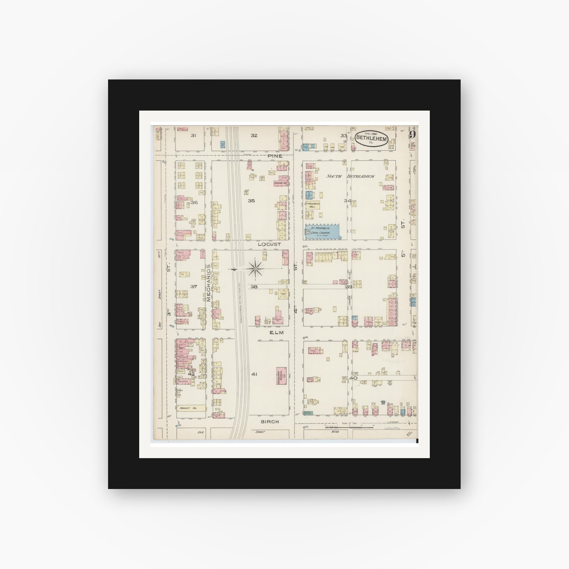 Old map wall art mockup — black gallery frame with white mat — Sanborn Fire Insurance Map from Bethlehem, Northampton And Lehigh Counties, Pennsylvania (1885), Sheet #0009
