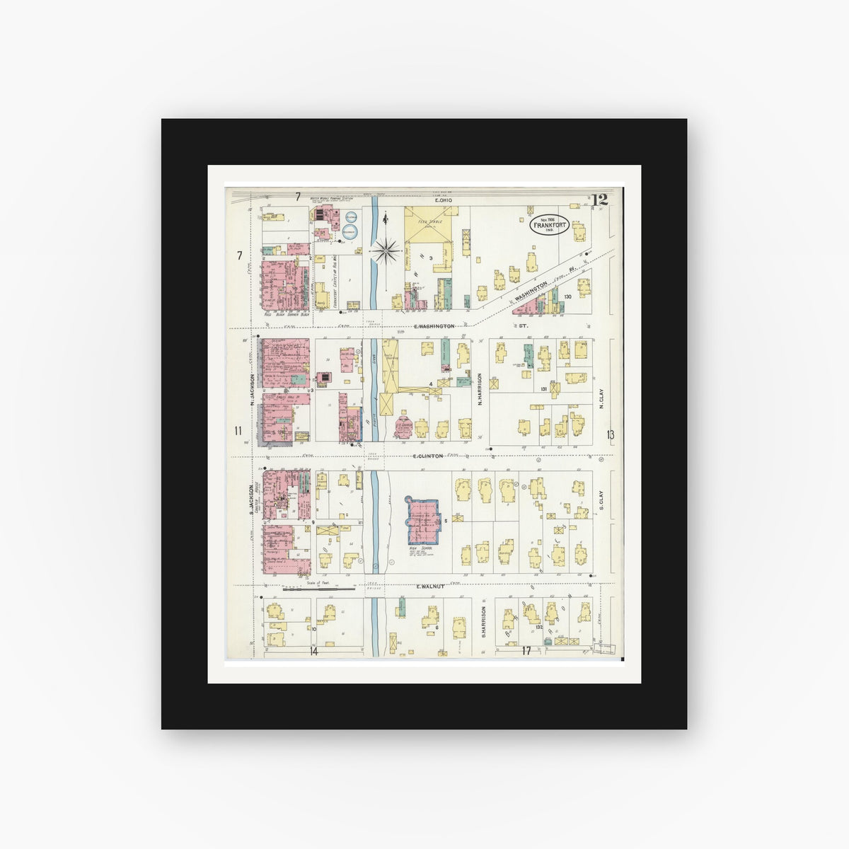 Old map wall art mockup — black gallery frame with white mat — Sanborn Fire Insurance Map from Frankfort, Clinton County, Indiana (1906), Sheet #0012
