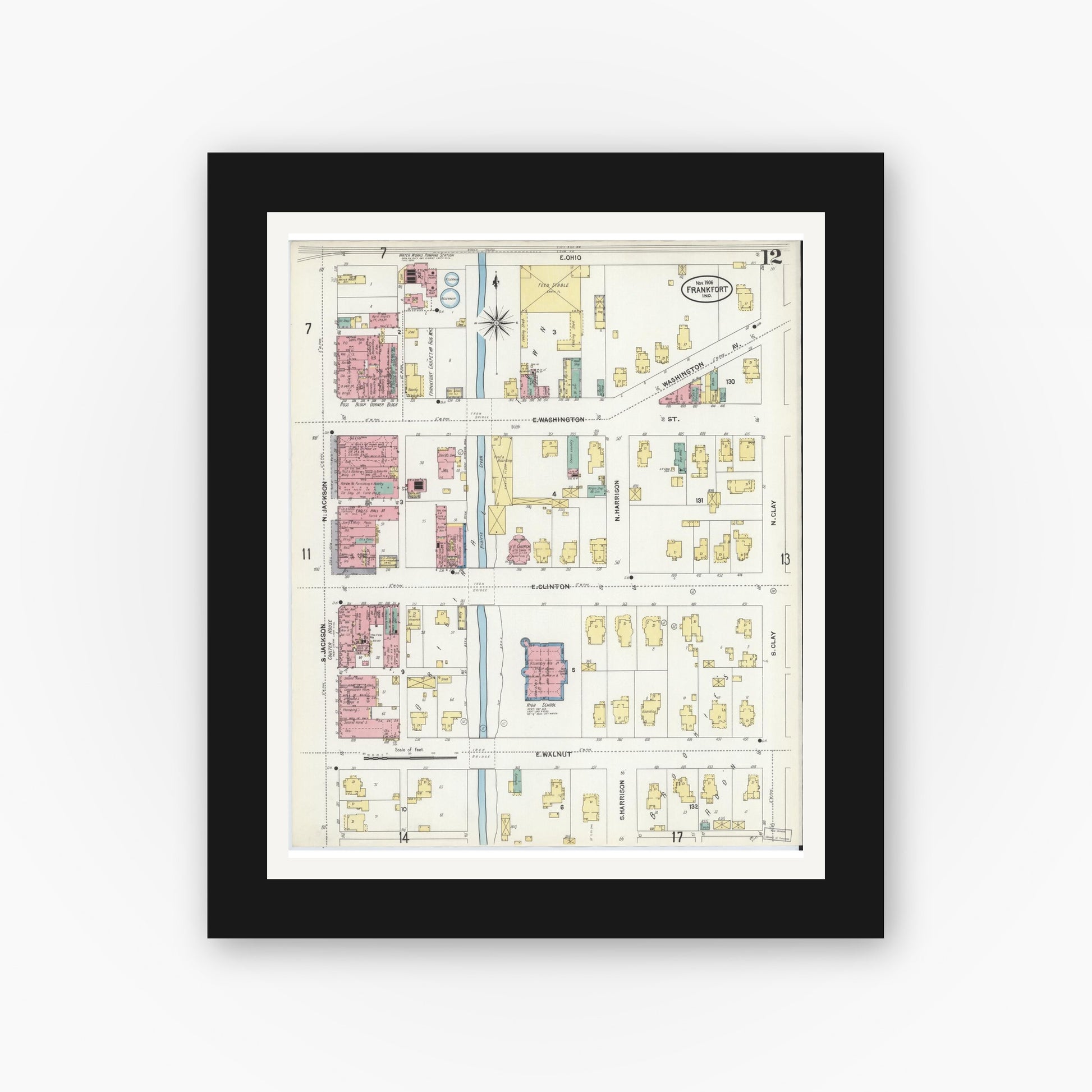 Old map wall art mockup — black gallery frame with white mat — Sanborn Fire Insurance Map from Frankfort, Clinton County, Indiana (1906), Sheet #0012
