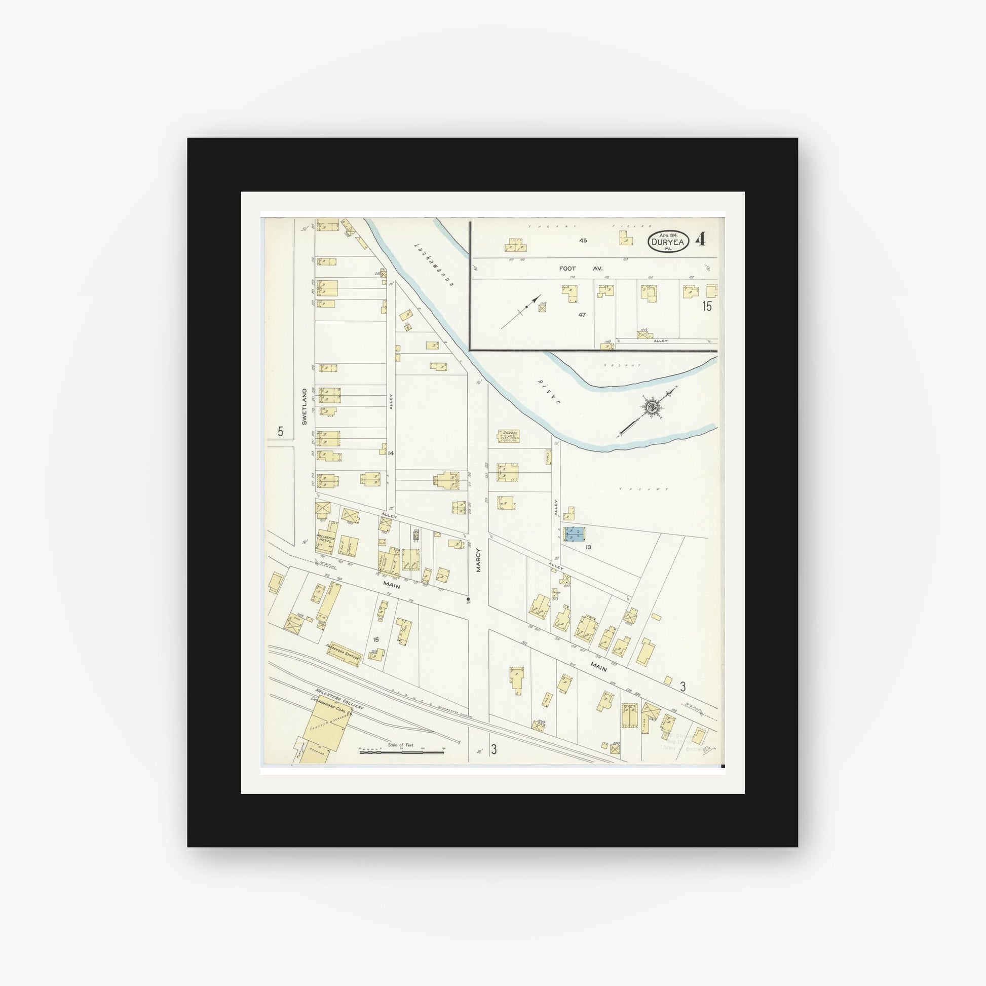 Old map wall art mockup — black gallery frame with white mat — Sanborn Fire Insurance Map from Duryea, Luzerne County, Pennsylvania (1914), Sheet #0004