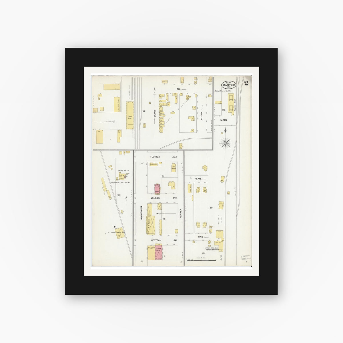 Old map wall art mockup — black gallery frame with white mat — Sanborn Fire Insurance Map from Bartow, Polk County, Florida (1901), Sheet #0002