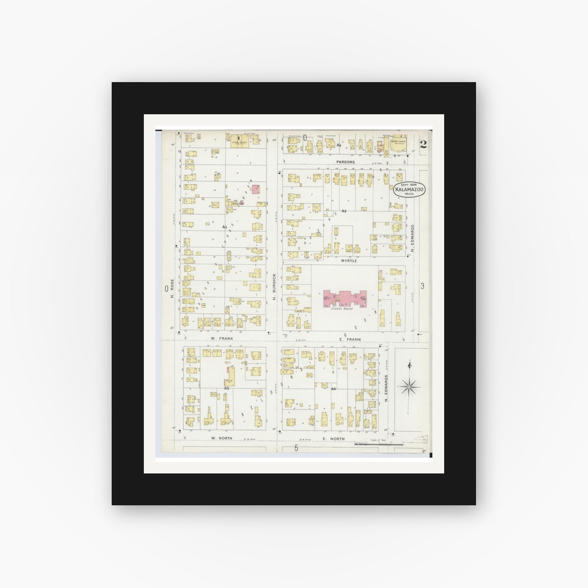 Old map wall art mockup — black gallery frame with white mat — Sanborn Fire Insurance Map from Kalamazoo, Kalamazoo County, Michigan (1896), Sheet #0002