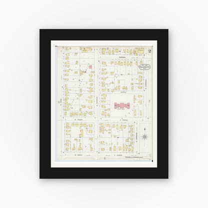 Old map wall art mockup — black gallery frame with white mat — Sanborn Fire Insurance Map from Kalamazoo, Kalamazoo County, Michigan (1896), Sheet #0002