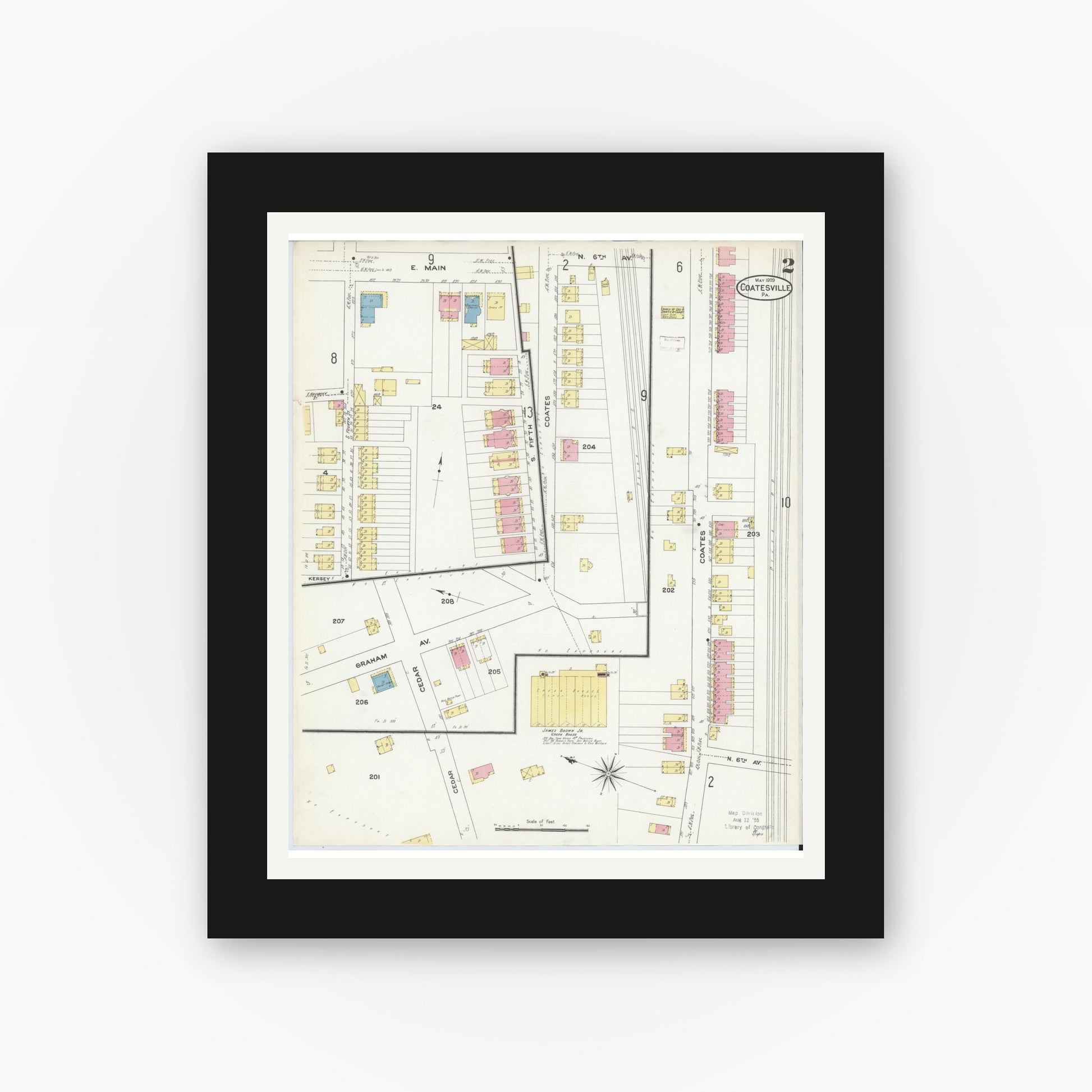 Old map wall art mockup — black gallery frame with white mat — Sanborn Fire Insurance Map from Coatesville, Chester County, Pennsylvania (1909), Sheet #0002