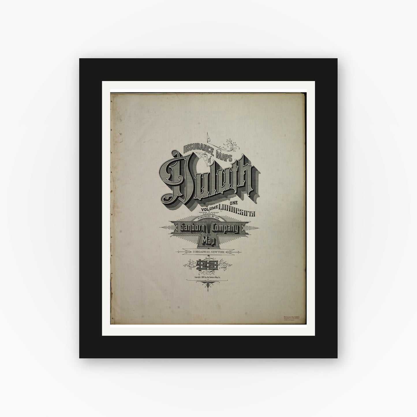 Old map wall art mockup — black gallery frame with white mat — Sanborn Fire Insurance Map from Duluth, Saint Louis County, Minnesota (1908), Sheet #0001