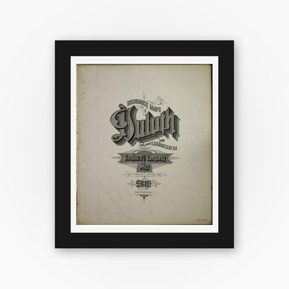 Old map wall art mockup — black gallery frame with white mat — Sanborn Fire Insurance Map from Duluth, Saint Louis County, Minnesota (1908), Sheet #0001
