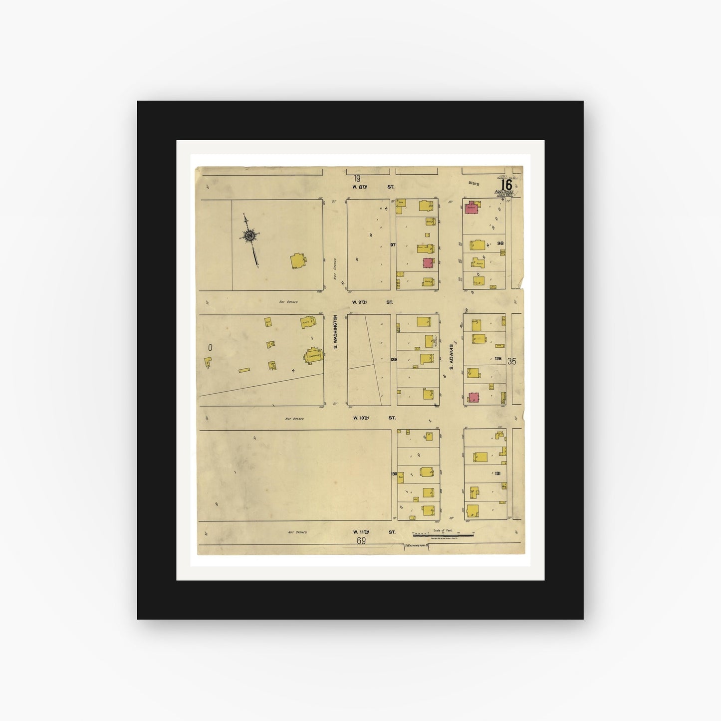 Old map wall art mockup — black gallery frame with white mat — Sanborn Fire Insurance Map from Amarillo, Potter County, Texas (1922), Sheet #0001