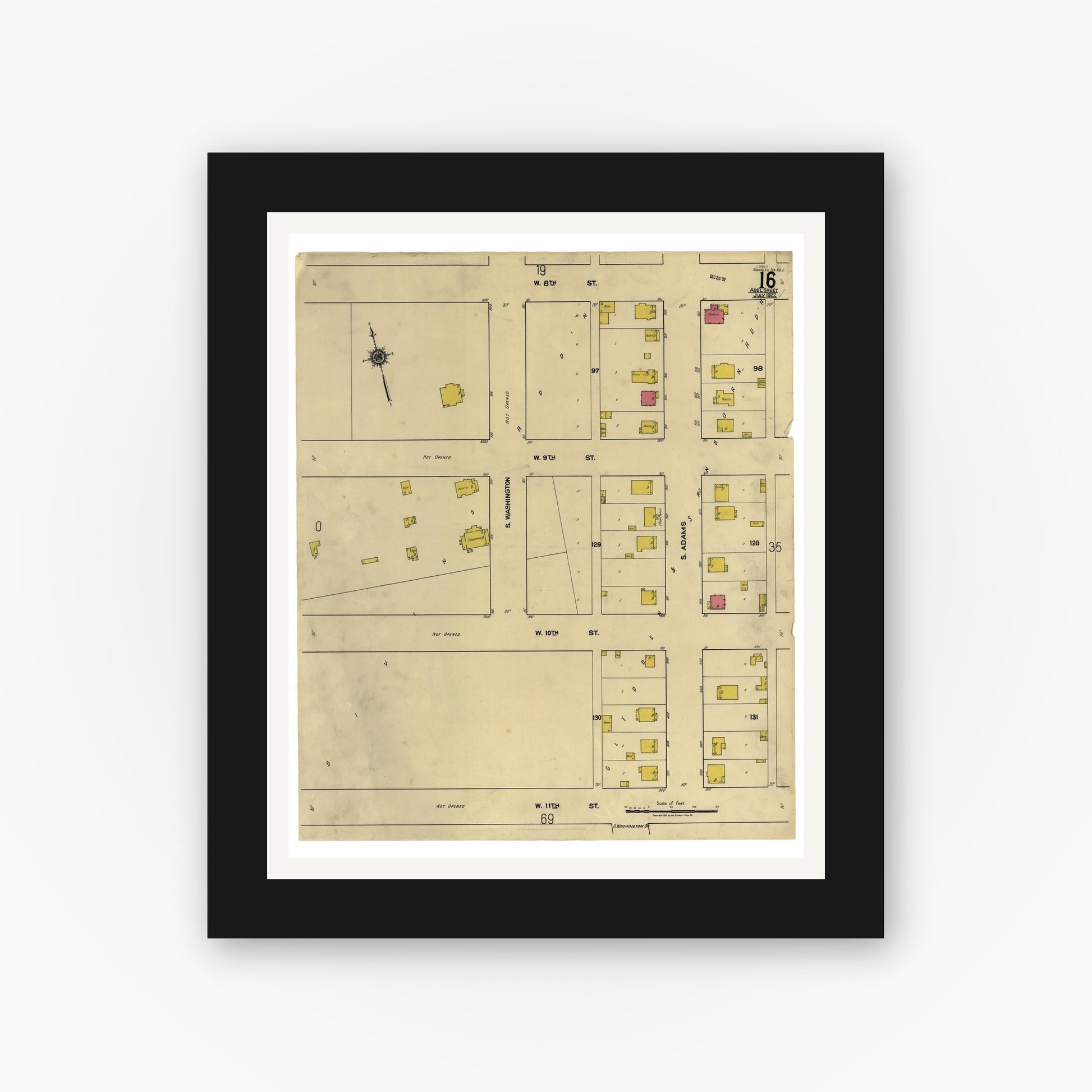Old map wall art mockup — black gallery frame with white mat — Sanborn Fire Insurance Map from Amarillo, Potter County, Texas (1922), Sheet #0001