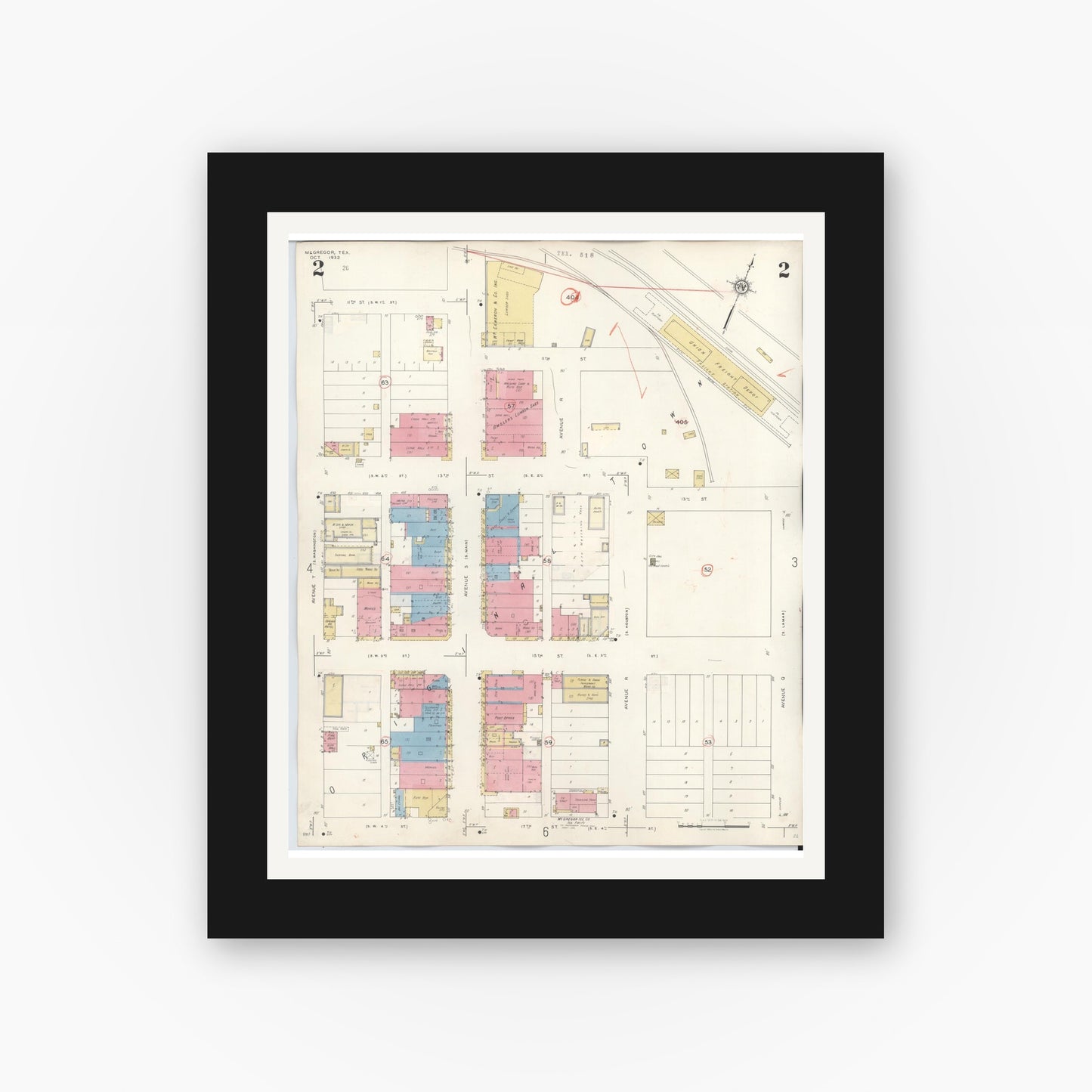 Old map wall art mockup — black gallery frame with white mat — Sanborn Fire Insurance Map from McGregor, McLennan County, Texas (1942), Sheet #0002