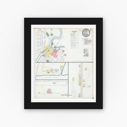 Old map wall art mockup — black gallery frame with white mat — Sanborn Fire Insurance Map from Portland, Ionia County, Michigan (1892), Sheet #0001