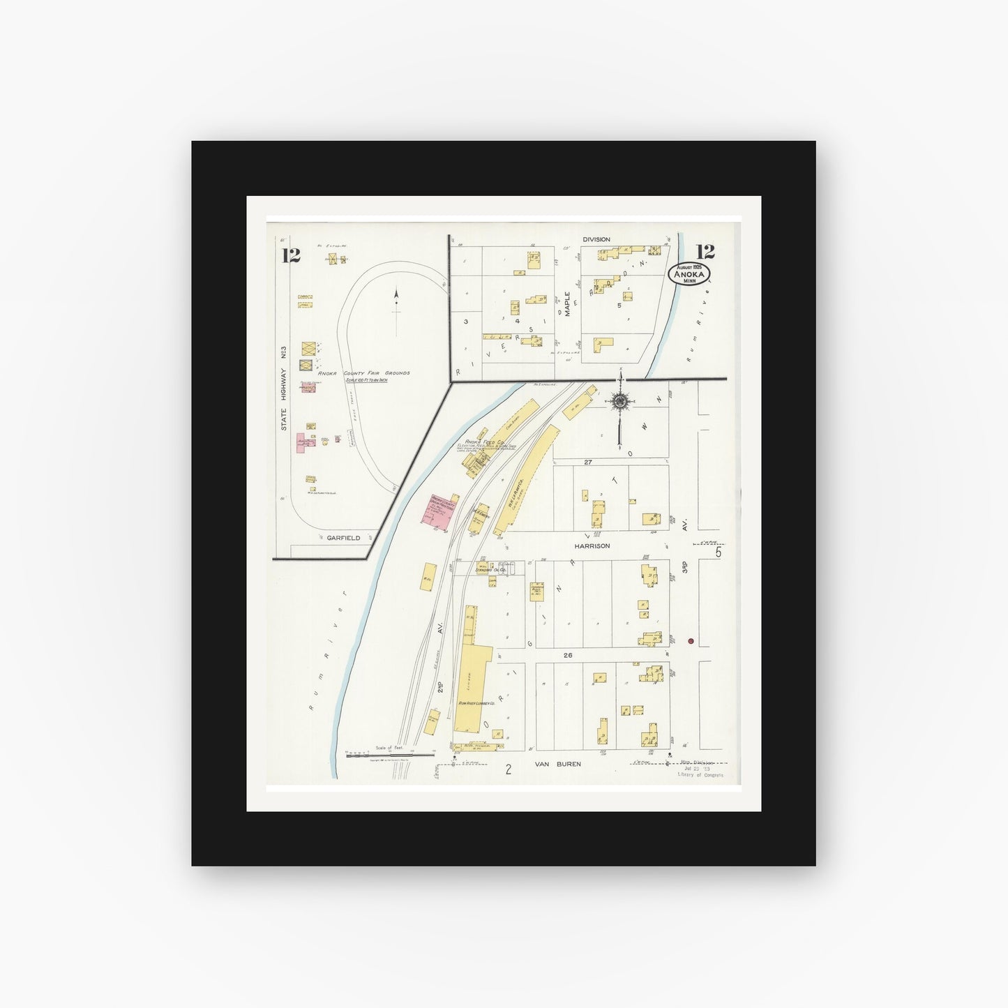 Old map wall art mockup — black gallery frame with white mat — Sanborn Fire Insurance Map from Anoka, Anoka County, Minnesota (1925), Sheet #0012