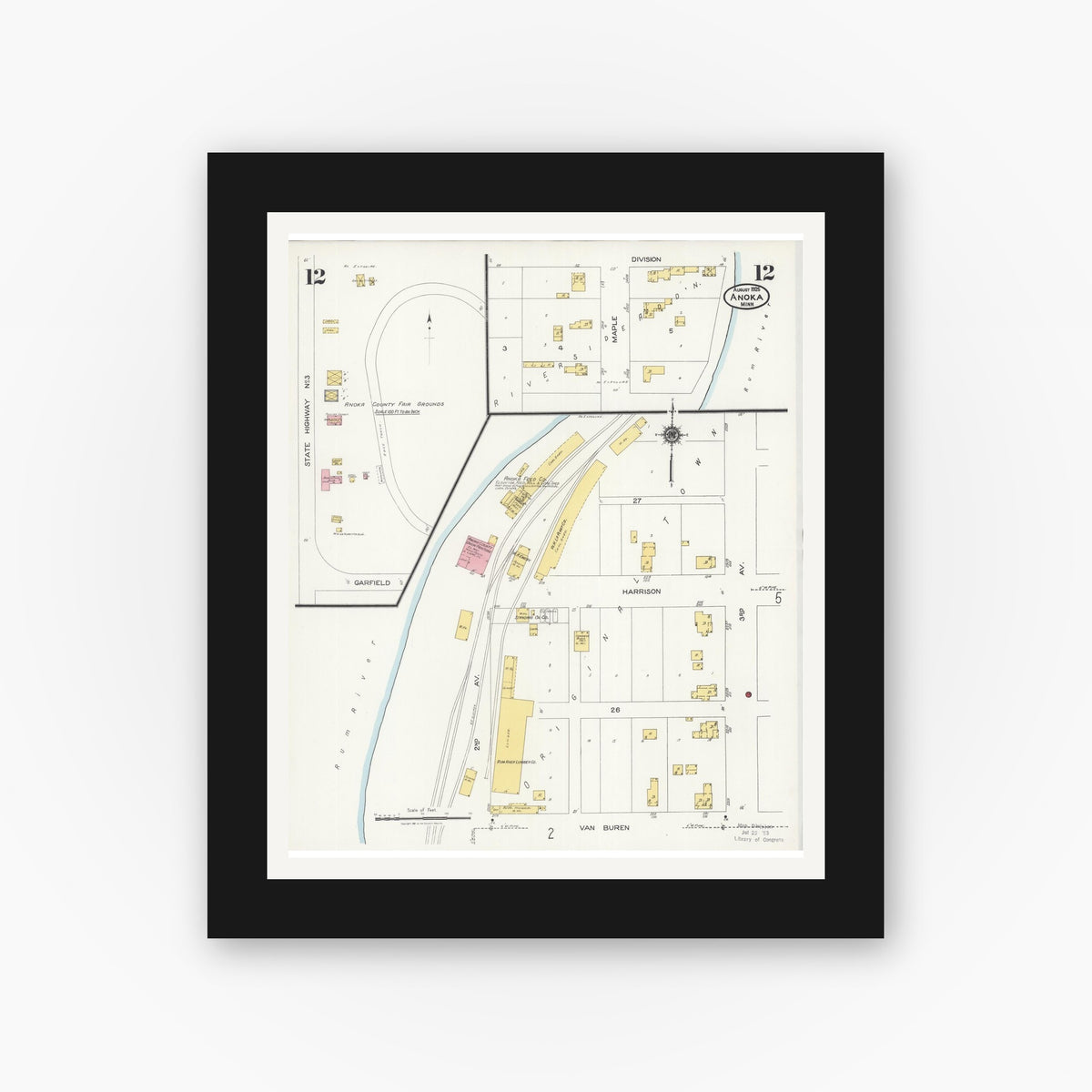 Old map wall art mockup — black gallery frame with white mat — Sanborn Fire Insurance Map from Anoka, Anoka County, Minnesota (1925), Sheet #0012