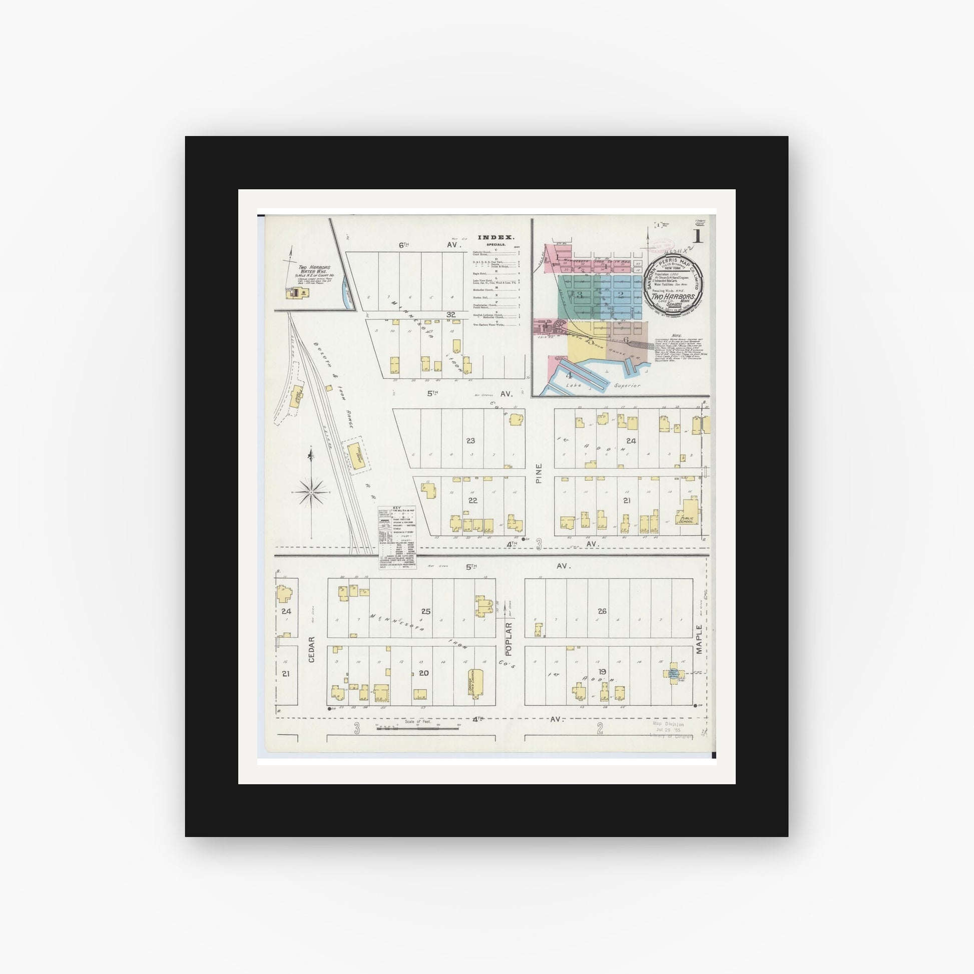 Old map wall art mockup — black gallery frame with white mat — Sanborn Fire Insurance Map from Two Harbors, Lake County, Minnesota (1892) - Complete Map Set