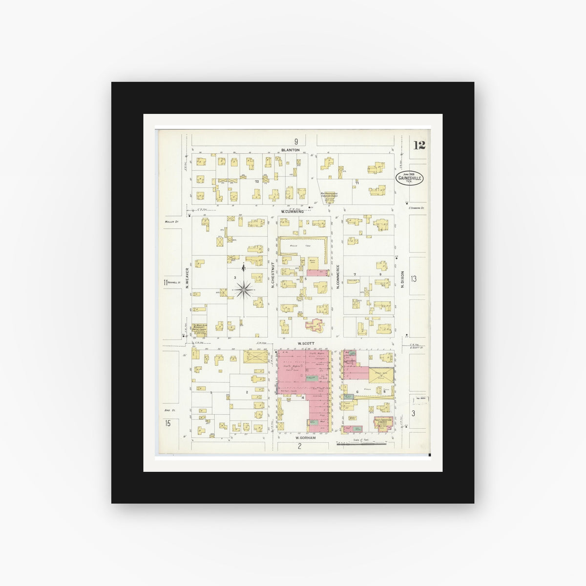 Old map wall art mockup — black gallery frame with white mat — Sanborn Fire Insurance Map from Gainesville, Cooke County, Texas (1908), Sheet #0012