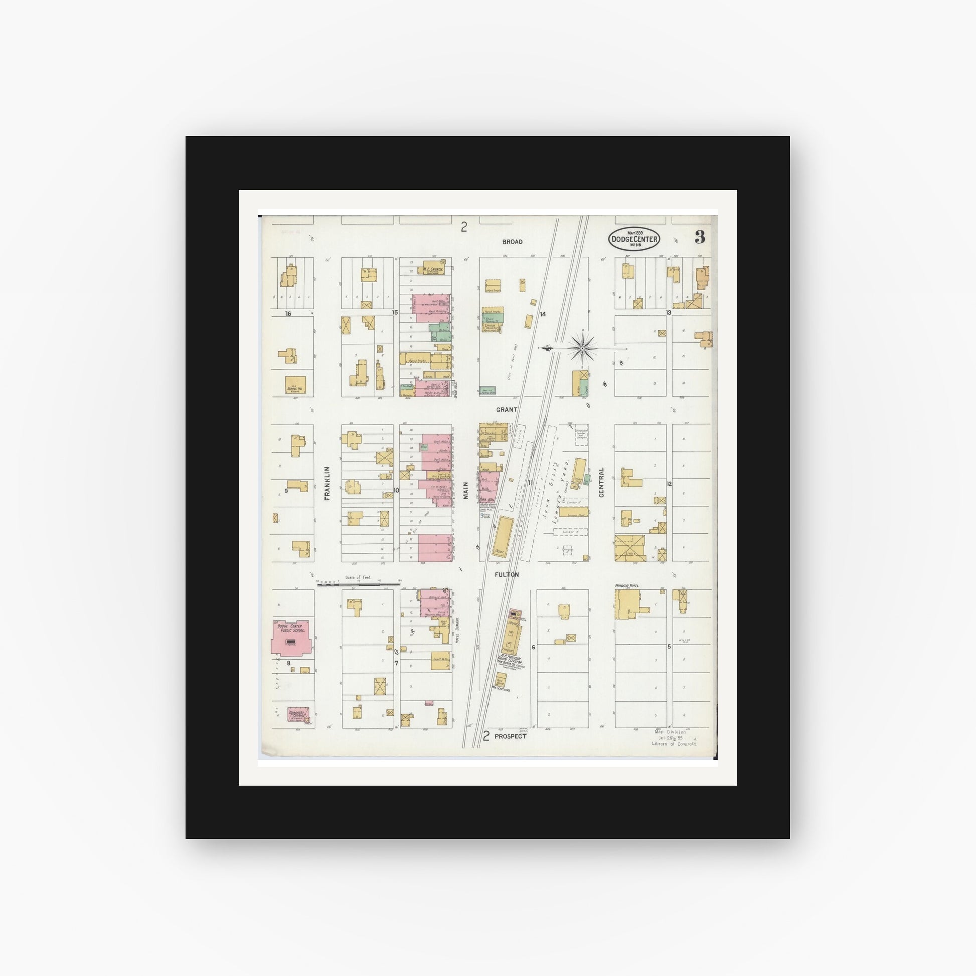 Old map wall art mockup — black gallery frame with white mat — Sanborn Fire Insurance Map from Dodge Center, Dodge County, Minnesota (1899), Sheet #0003