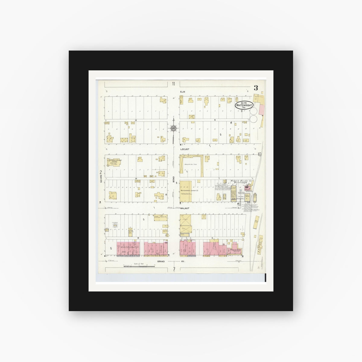 Old map wall art mockup — black gallery frame with white mat — Sanborn Fire Insurance Map from Whitewright, Grayson County, Texas (1912), Sheet #0003