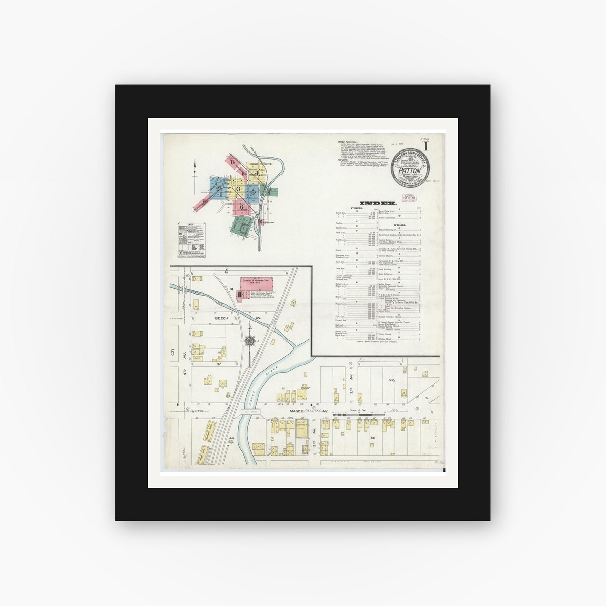 Old map wall art mockup — black gallery frame with white mat — Sanborn Fire Insurance Map from Patton, Cambria County, Pennsylvania (1910) - Complete Map Set