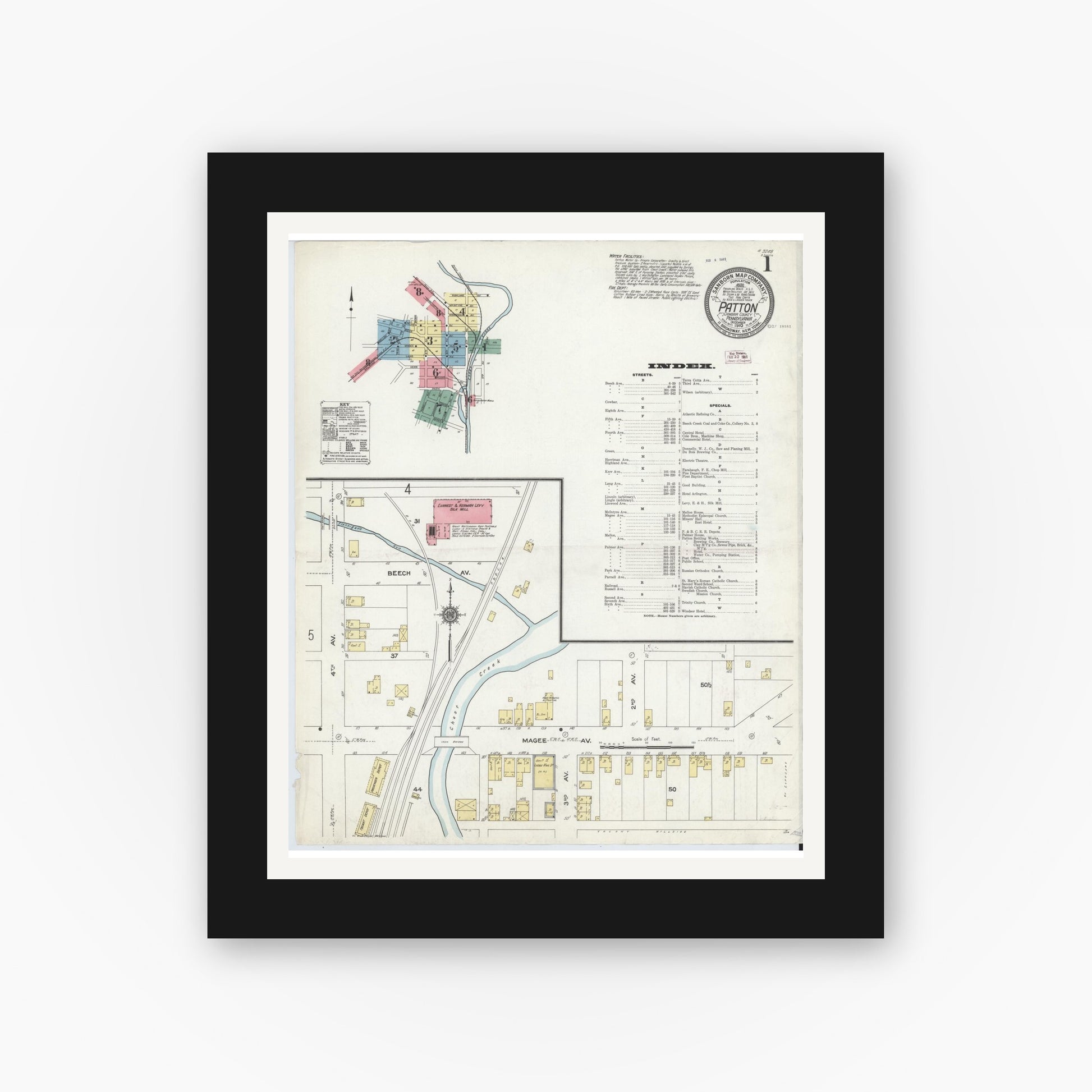 Old map wall art mockup — black gallery frame with white mat — Sanborn Fire Insurance Map from Patton, Cambria County, Pennsylvania (1910) - Complete Map Set
