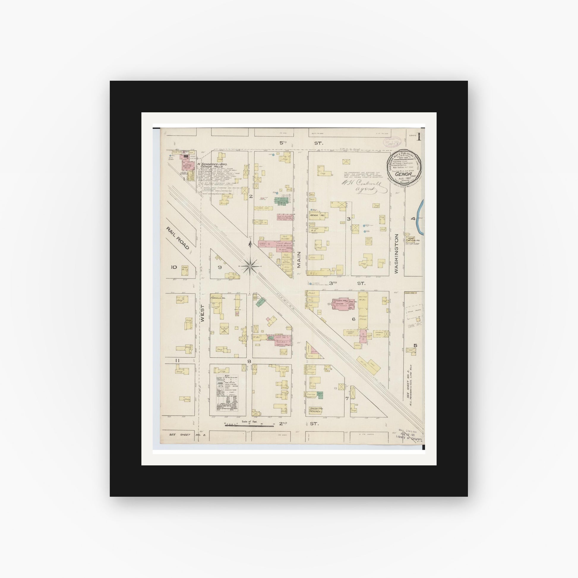 Old map wall art mockup — black gallery frame with white mat — Sanborn Fire Insurance Map from Genoa, Ottawa County, Ohio (1885) - Complete Map Set