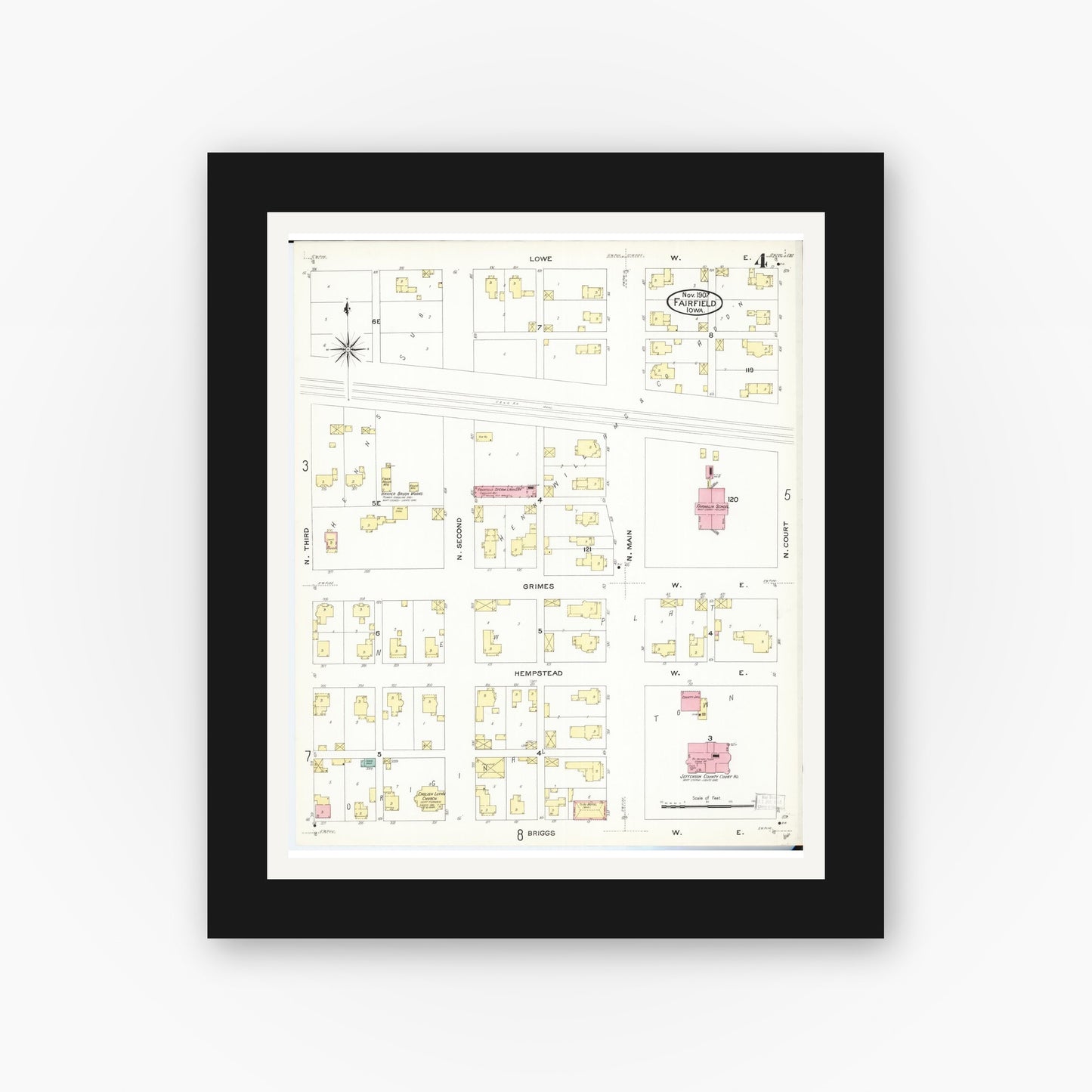 Old map wall art mockup — black gallery frame with white mat — Sanborn Fire Insurance Map from Fairfield, Jefferson County, Iowa (1907), Sheet #0004