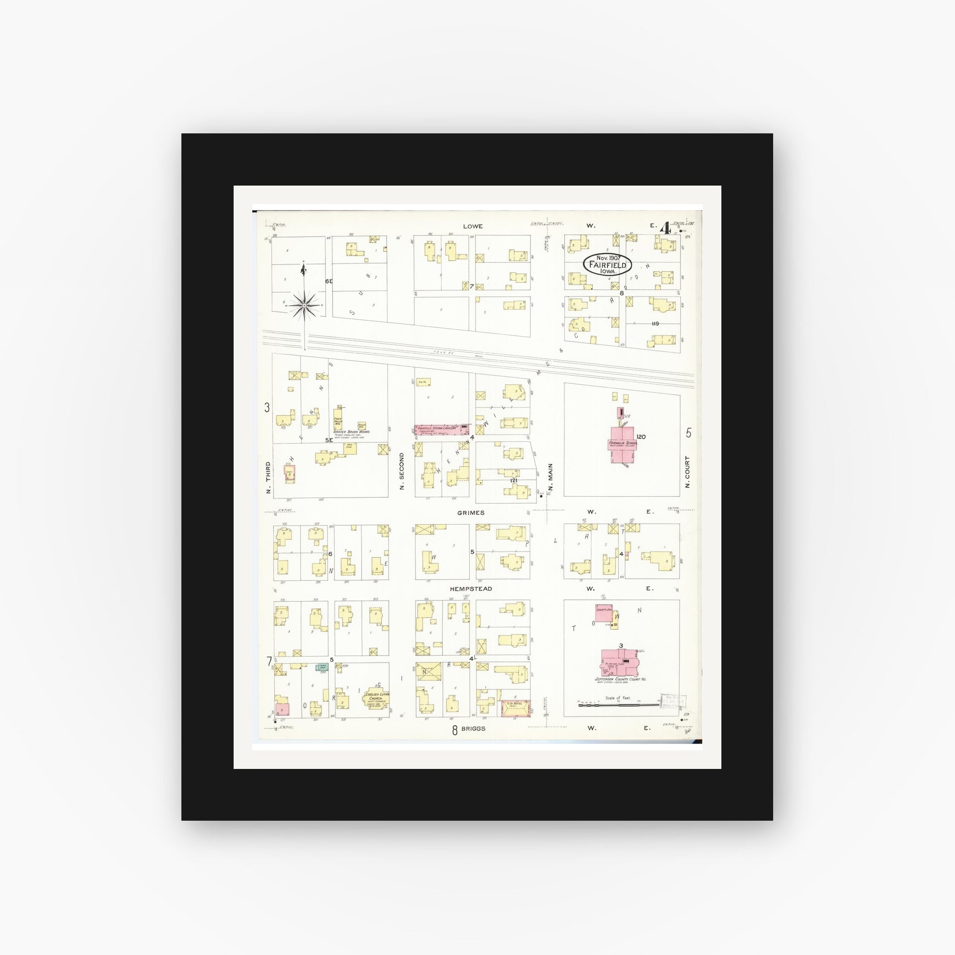 Old map wall art mockup — black gallery frame with white mat — Sanborn Fire Insurance Map from Fairfield, Jefferson County, Iowa (1907), Sheet #0004