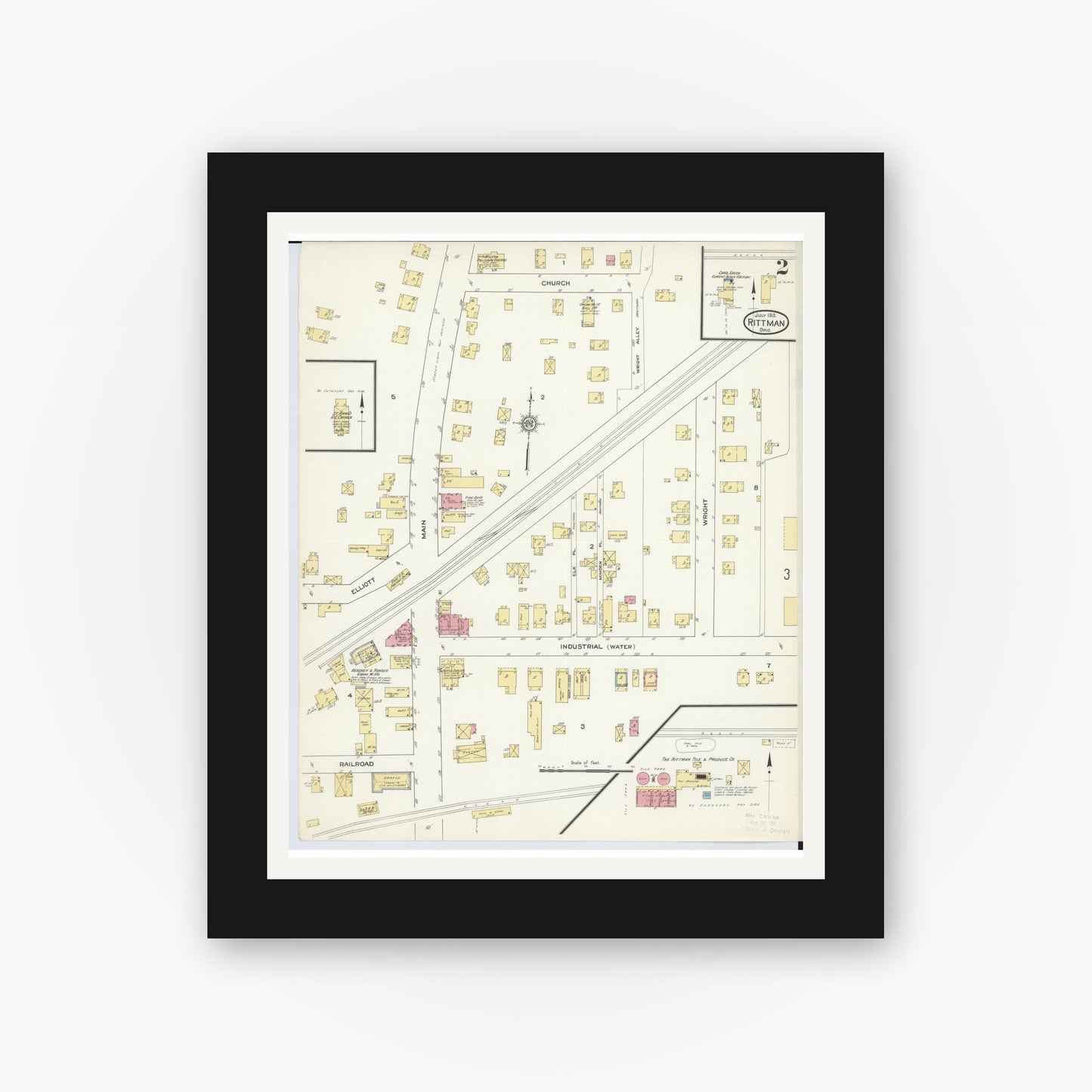 Old map wall art mockup — black gallery frame with white mat — Sanborn Fire Insurance Map from Rittman, Wayne County, Ohio (1913), Sheet #0002