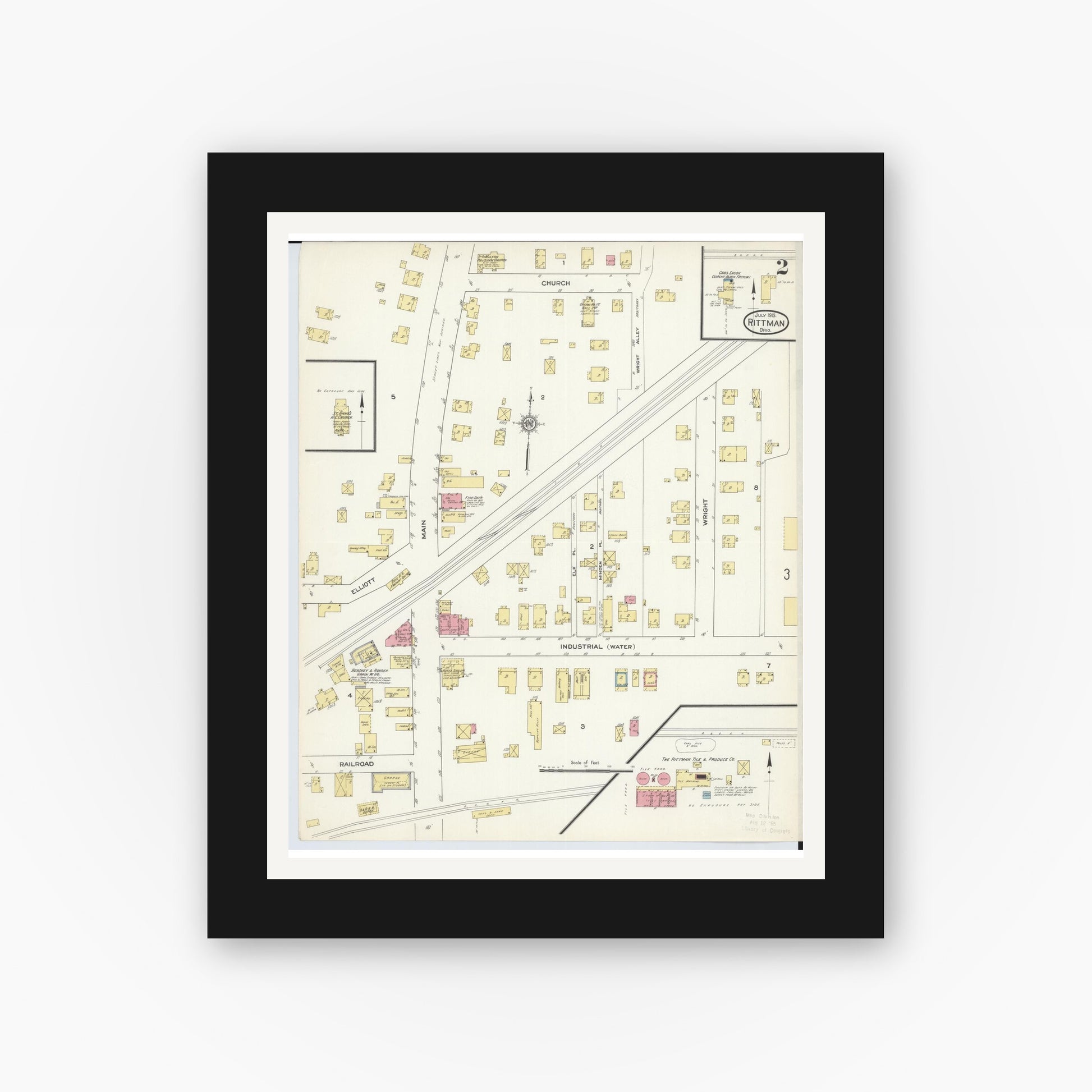 Old map wall art mockup — black gallery frame with white mat — Sanborn Fire Insurance Map from Rittman, Wayne County, Ohio (1913), Sheet #0002