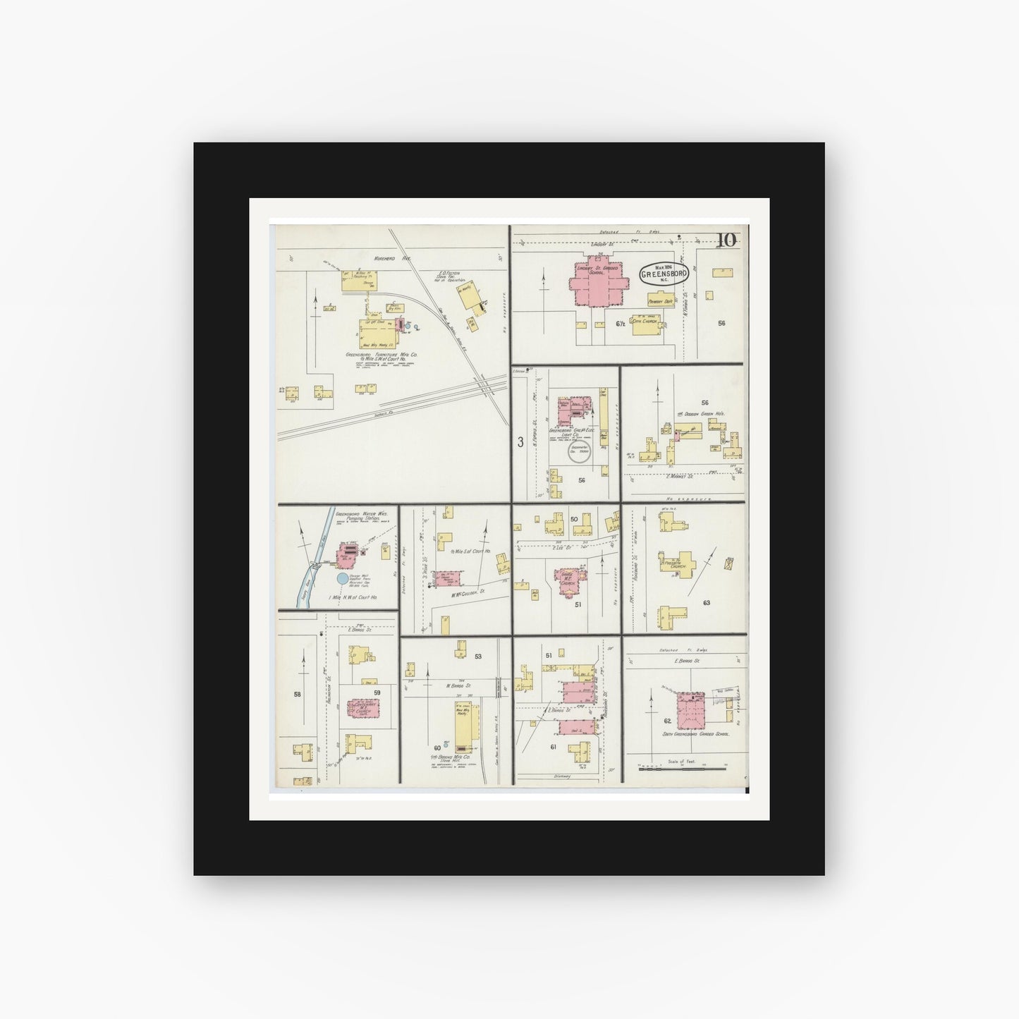 Old map wall art mockup — black gallery frame with white mat — Sanborn Fire Insurance Map from Greensboro, Guilford County, North Carolina (1896), Sheet #0010