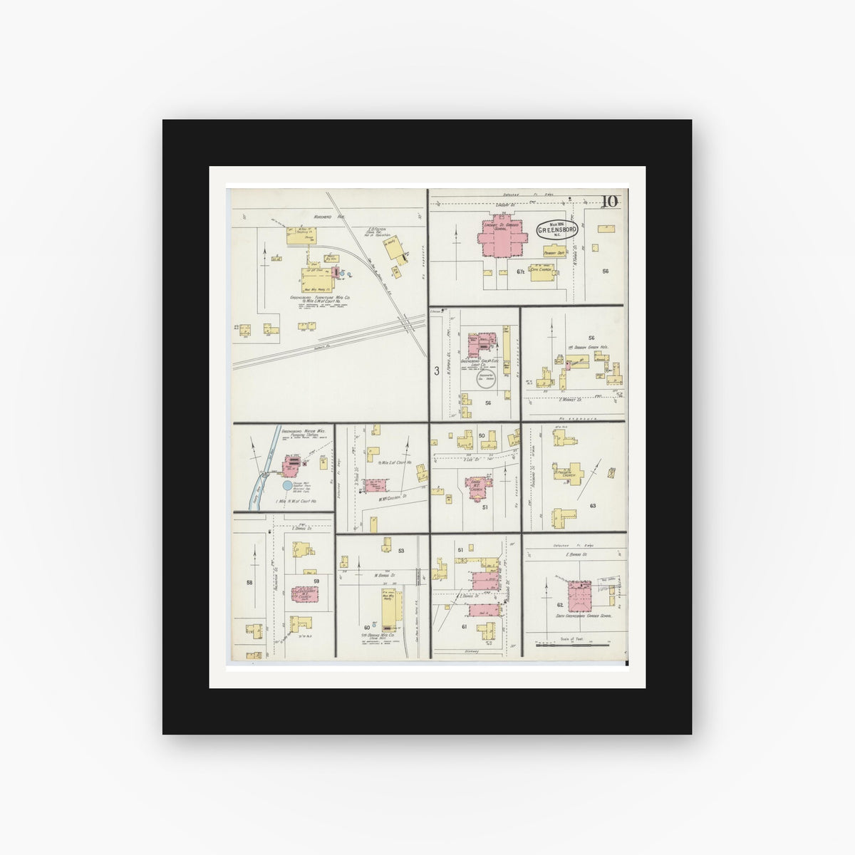 Old map wall art mockup — black gallery frame with white mat — Sanborn Fire Insurance Map from Greensboro, Guilford County, North Carolina (1896), Sheet #0010