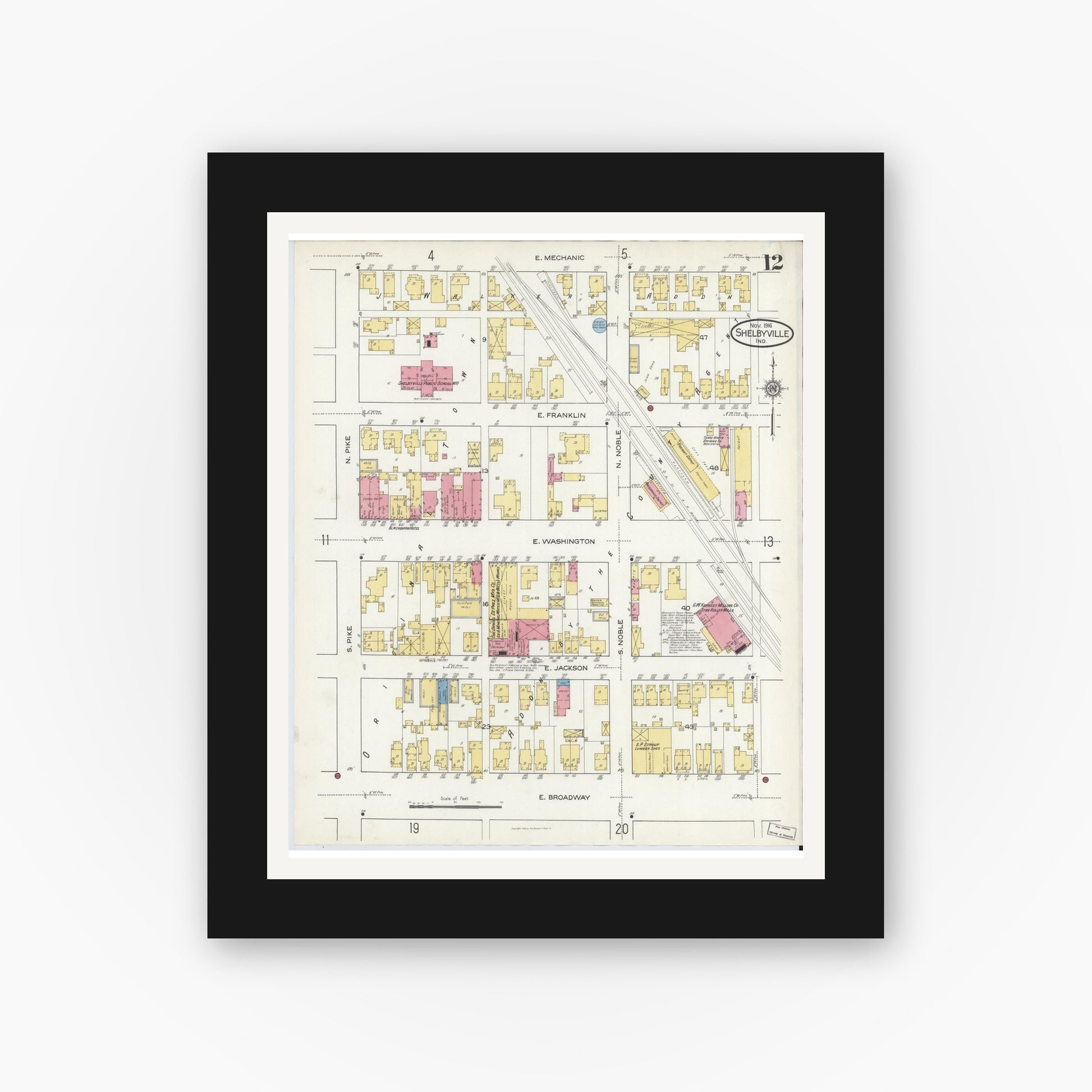 Old map wall art mockup — black gallery frame with white mat — Sanborn Fire Insurance Map from Shelbyville, Shelby County, Indiana (1916), Sheet #0012