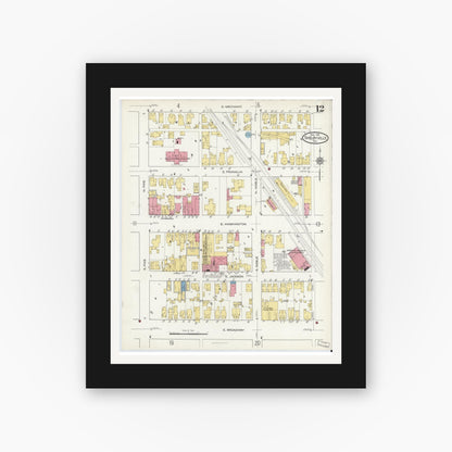 Old map wall art mockup — black gallery frame with white mat — Sanborn Fire Insurance Map from Shelbyville, Shelby County, Indiana (1916), Sheet #0012