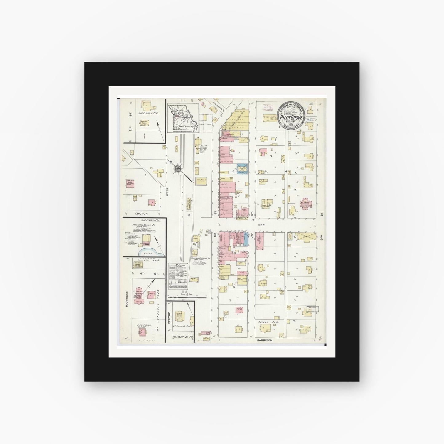 Old map wall art mockup — black gallery frame with white mat — Sanborn Fire Insurance Map from Pilot Grove, Cooper County, Missouri (1914), Sheet #0001